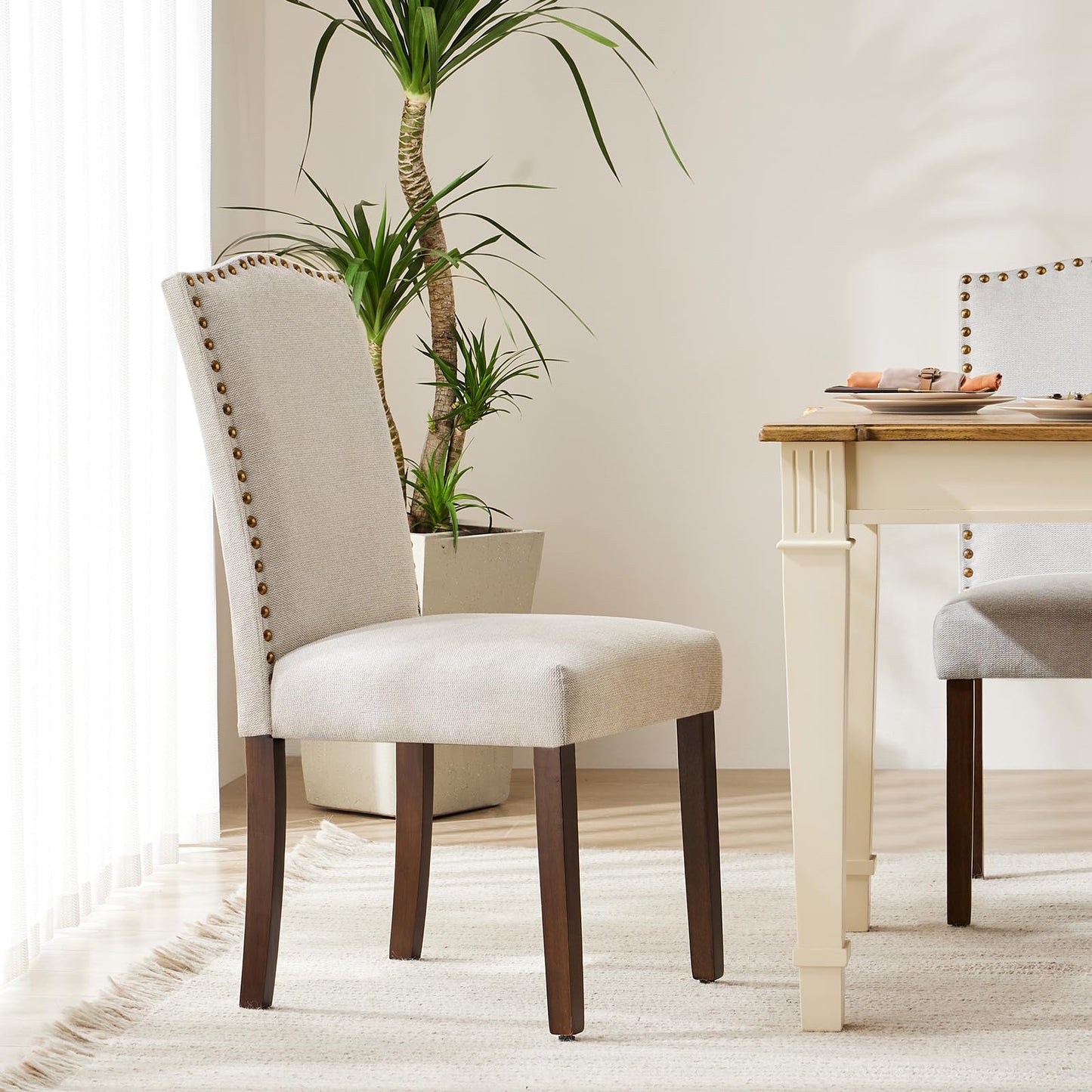DUMOS Dining Chairs Set of 4, Modern Kitchen Table Chairs with Wooden Legs and Padded Seat, Mid Century Upholstered Accent Chairs for Dining Room/Kitchen/Living Room/Restaurant, Beige