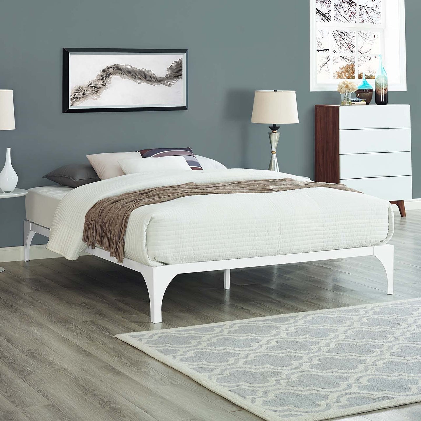 Modway Ollie Steel Modern Full Platform Bed Frame Mattress Foundation with Slat Support in White