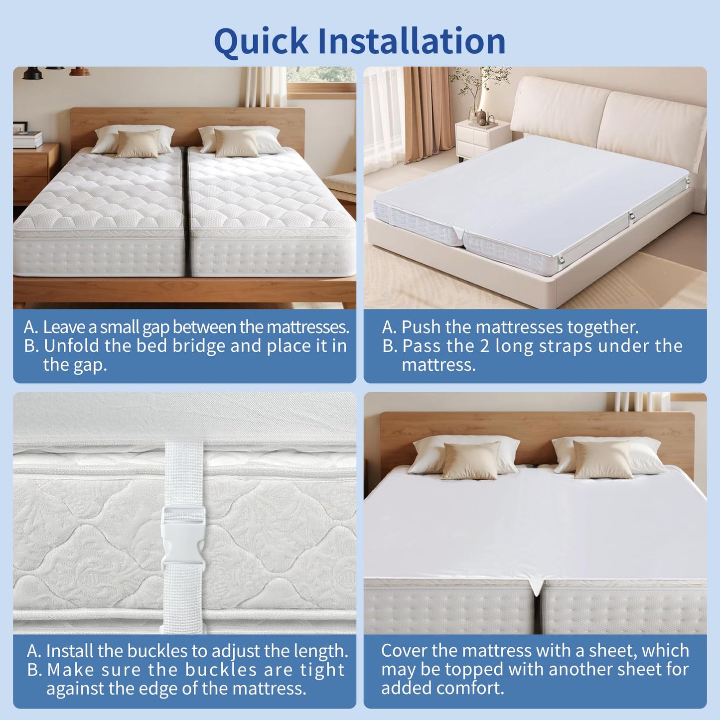 LIFVEAN Upgrade 3-in-1 Bed Bridge, Twin to King Bed Converter with Sheet Strap Set, Split King Gap Filler, Removable