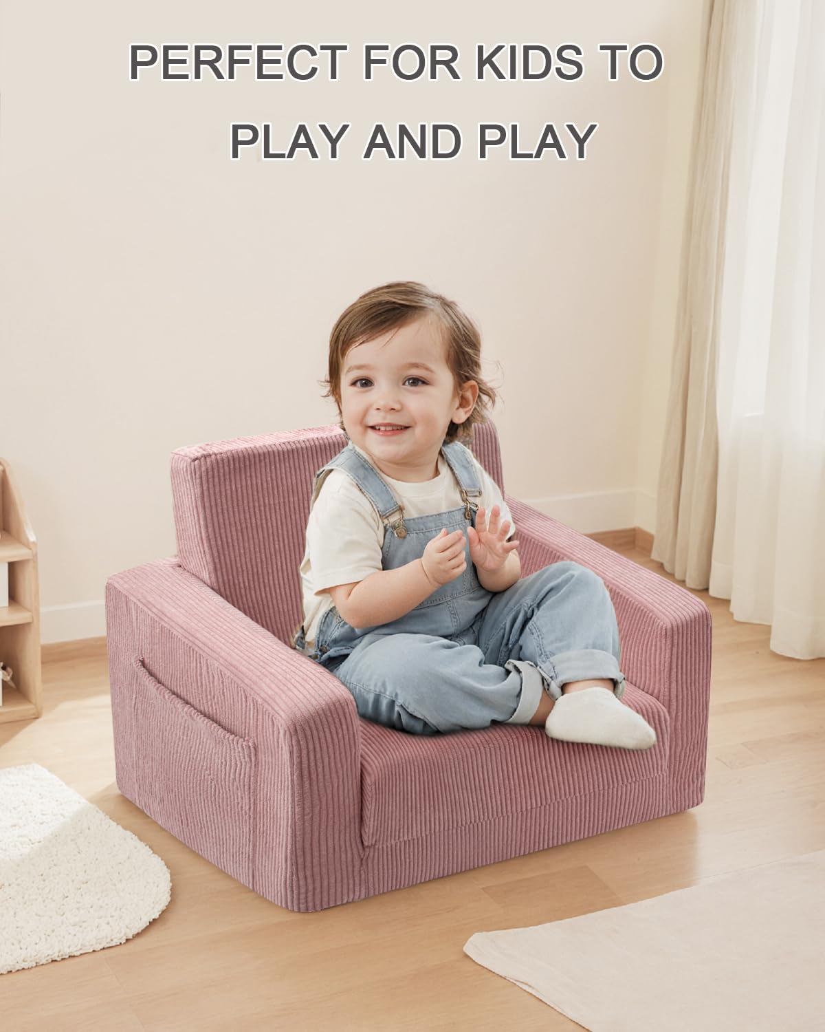 Jouha Kids Chair and Couch, 2-in-1 Fold-Out Kids Sofa, Soft Convertible Seating, Comfy Kids Chair for Boys and Girls,Pink