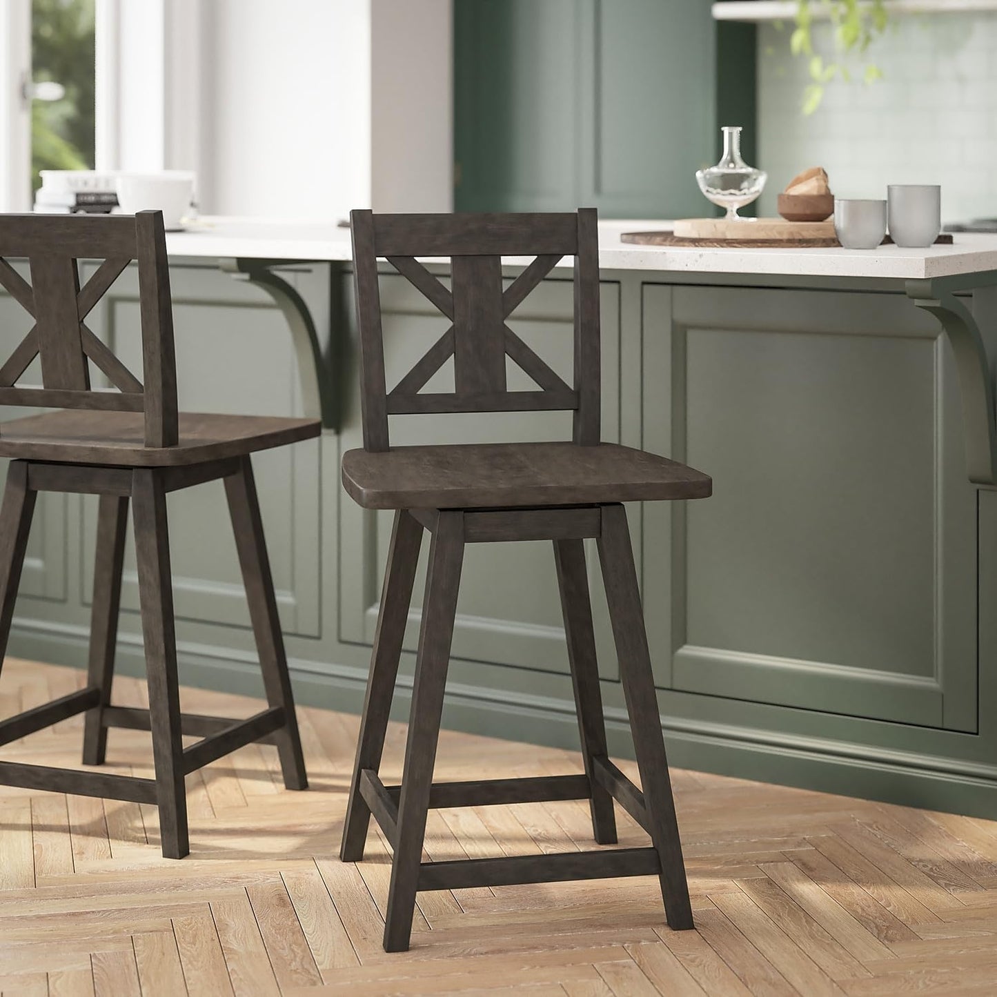 Flash Furniture Gwendolyn Commercial Grade Modern Farmhouse Barstool - Gray Wash Walnut Solid Wood Frame - Counter Height - 360° Swivel Seat - Integrated Footrest