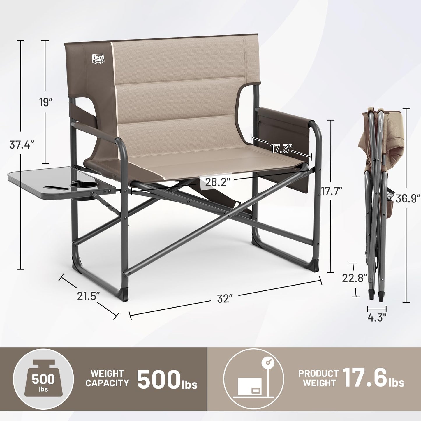 TIMBER RIDGE XXL Director’s Chair – Heavy Duty Folding Chair with Side Table, 500 lb Capacity, Extra Wide Padded Seat for Camping, Sports, Beach, Patio, and Outdoor Use, Tan-2 Pack