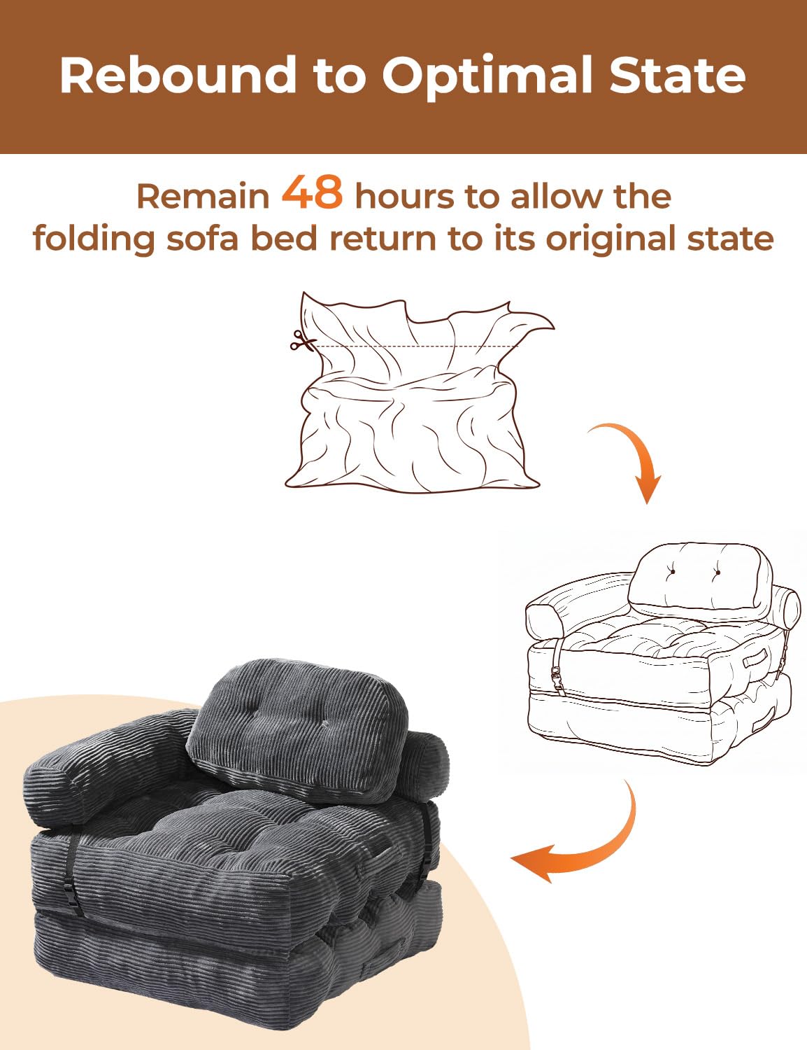 Vellorise Folding Sofa Bed, L-Shaped Couch Back Support and Arm Pillow Futon, Convertible Sofa Bed for Living Room/Guest Use/Home Office, Boneless Foldable Couch for Adults, Dark Gray