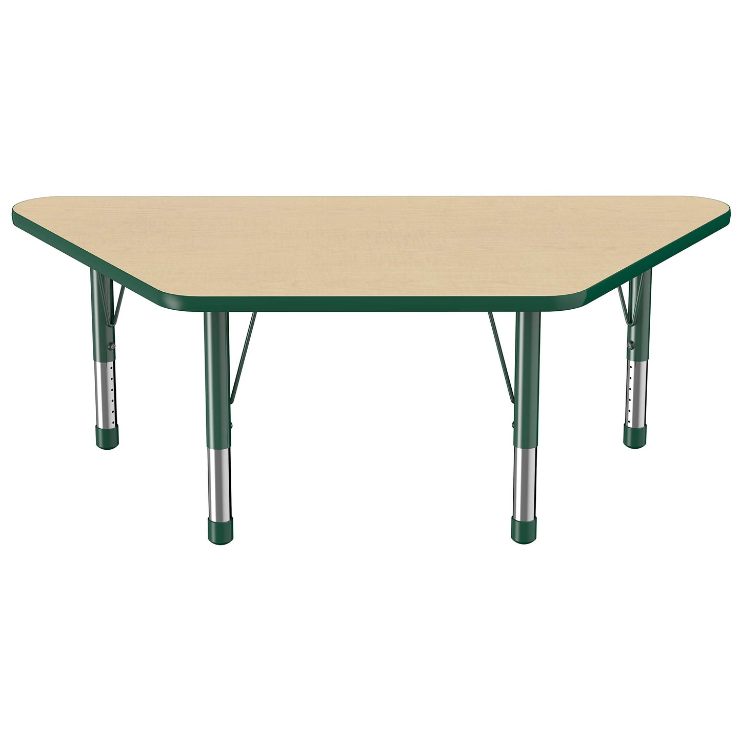 FDP Trapezoid Activity School and Classroom Kids Table (30 x 60 inch), Chunky Toddler Legs for Collaborative Seating Environments, Adjustable Height 15-24 inches - Maple Top and Green Edge