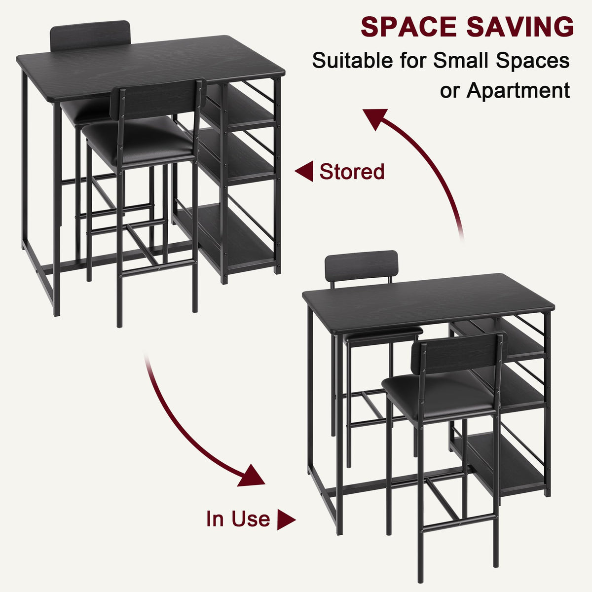 CABIHOME Dining Table Set for 2, Kitchen Table and Upholstered Chairs for 2, 3 Piece Counter Height Bar Table Set with 3 Large Storage Shelves for Small Space, Apartment, Studio, Rustic Black
