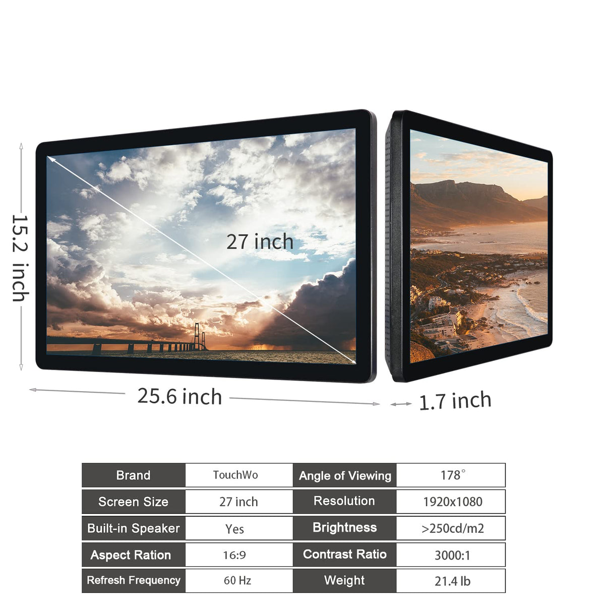 TouchWo 27 inch Android 11 Touchscreen Monitor Tablet, 16:9 FHD 1080P, WiFi & BT, Built-in Speakers, RK3568 4GB RAM & 32GB ROM, Smart Board for Classroom, Meeting & Game