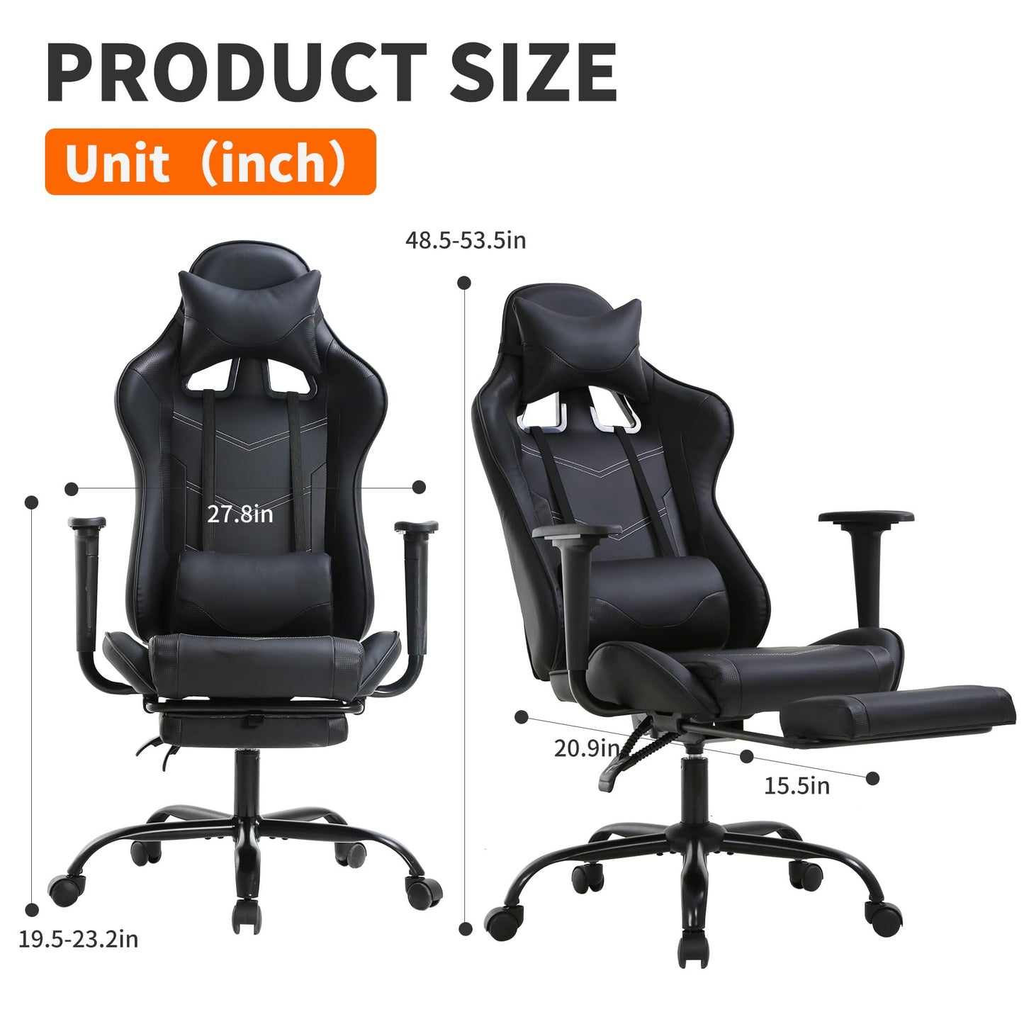BestOffice | Ergonomic Gaming Chair | Black | Reclining Computer Chair with Lumbar Support, Headrest Pillow, Adjustable Footrests | 360 Swivel with Heavy Duty Wheels | for Home & Office
