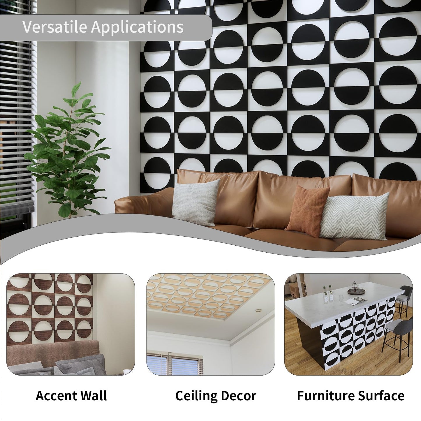 MidModArt 12PCS PVC Modular Decorative Fretwork Wall Panels for Living Room Lobby Bedroom, Half Circle-Walnut Faux Walnut Wood Texture