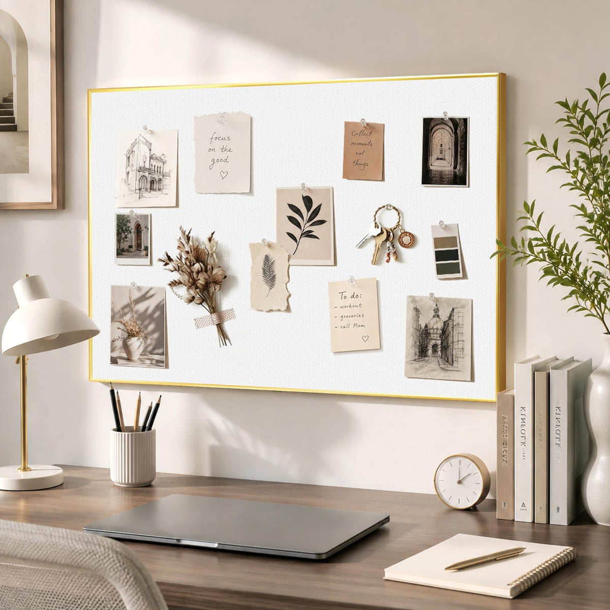 QUEENLINK Linen Bulletin Board 24 x18 Inches, White Pin Board Vision Board, Gold Aluminum Framed Fabric Cork Board for Home Office Wall Decor, 10 Push Pins