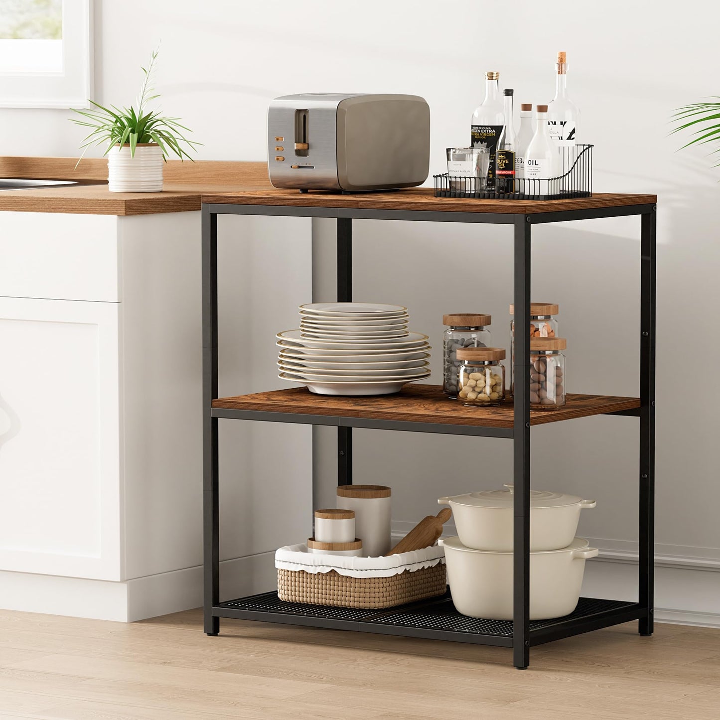 Homleke Kitchen Island with 3 Shelves, Kitchen Shelf with Large Workstation, Bakers Rack, Workbench, Metal Frame, Rustic Brown and Black