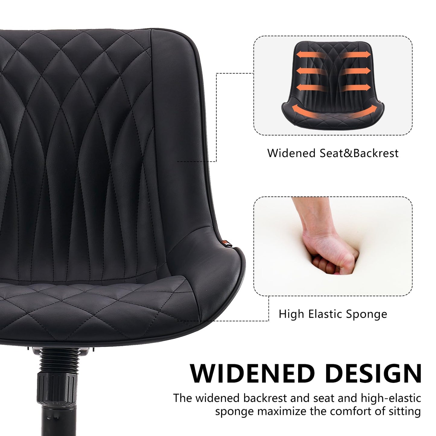 YOUNIKE Black Faux Leather Ergonomic Office Chair Armless Comfy Desk Chair with Rocking Back Cute Swivel Vanity Chair with Wheels Height Adjustable Small Computer Task Chair for Sewing Drafting