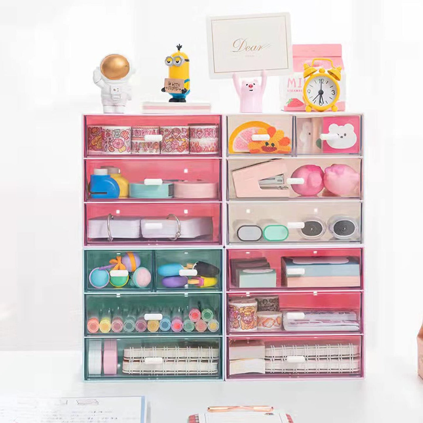 Zyners Desk Organizer with Drawer, Office Organizer with 4 Drawers, Desk Storage Box for, Desktop, Dressing table, Office, School, Home, Plastic Box and 4 Acrylic Drawers(Pink)