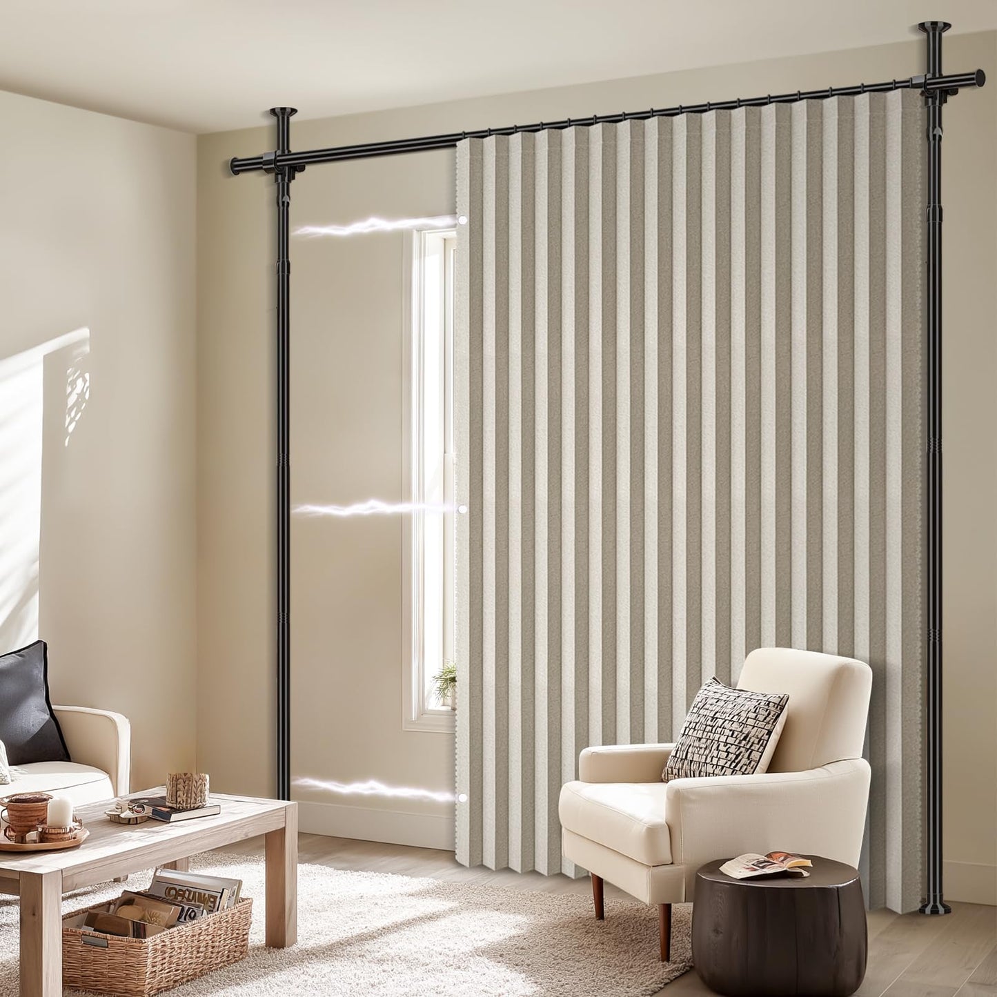 100% Blackout Room Divider Curtains Sets Cream White W100 x L84 in,1 Panel Curtain Rods No Drilling Adjustable Tension (H) 43-120×(W) 35-100 in Room Wall Divider for Apartment/Dorm