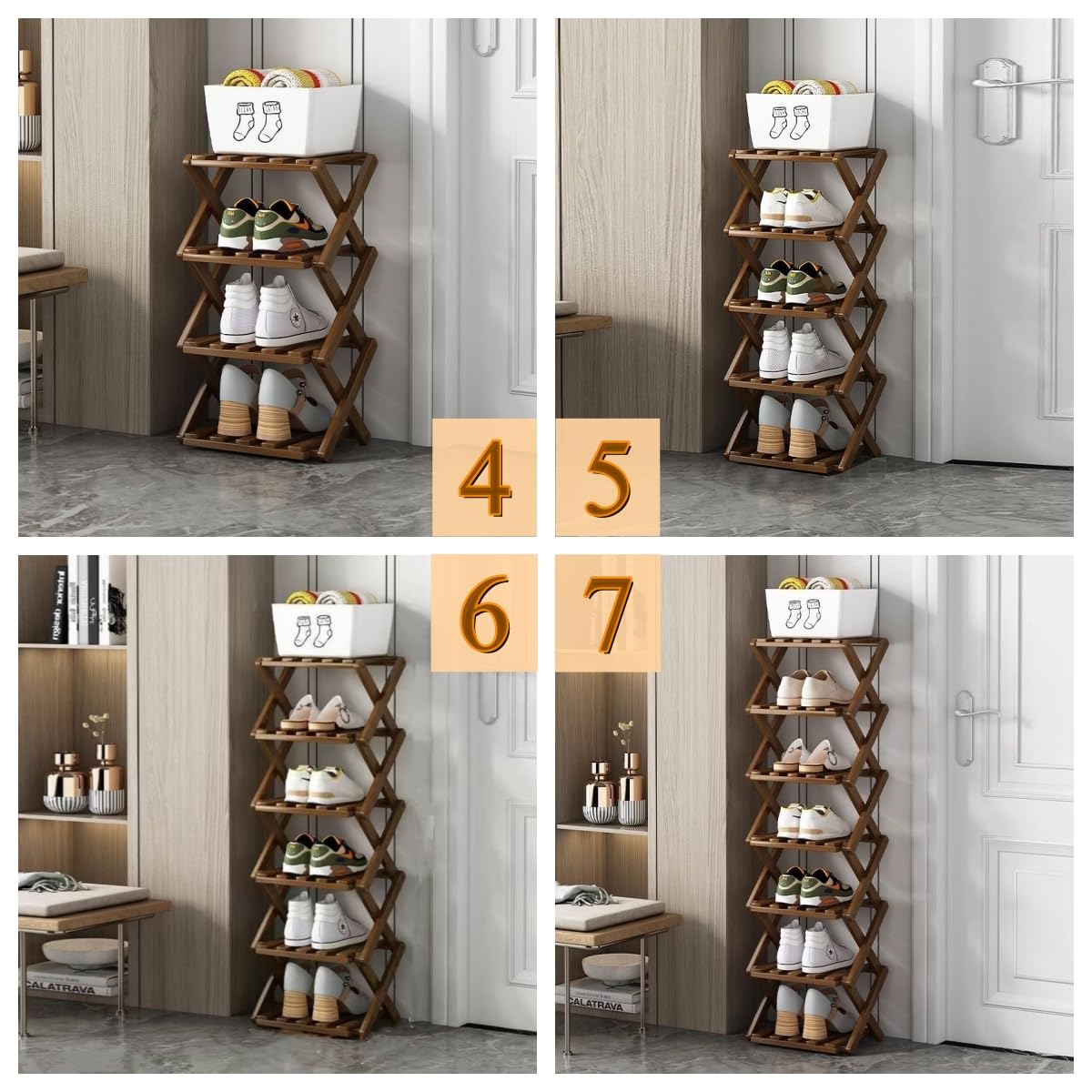 XZXWZX 4 Tier Foldable Shoe Rack, Bamboo Vertical Shoe Organizer Tall for Multifunctional Narrow Shoe Shelf for Entryway, Closet, Corner, Bedroom, Hallway(Brown)