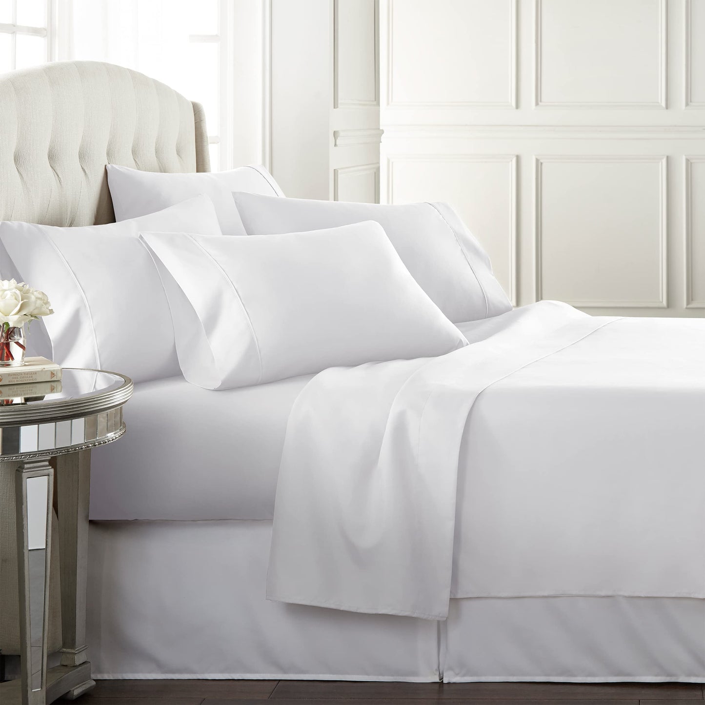 Danjor Linens Bed Sheet Set Queen Size for Hot Sleepers, Hotel Premium Sheets with 4 Pillowcases, Lightweight Brushed Microfiber Deep Pockets, Breathable Cooling 6 Piece Bedding Sets, White
