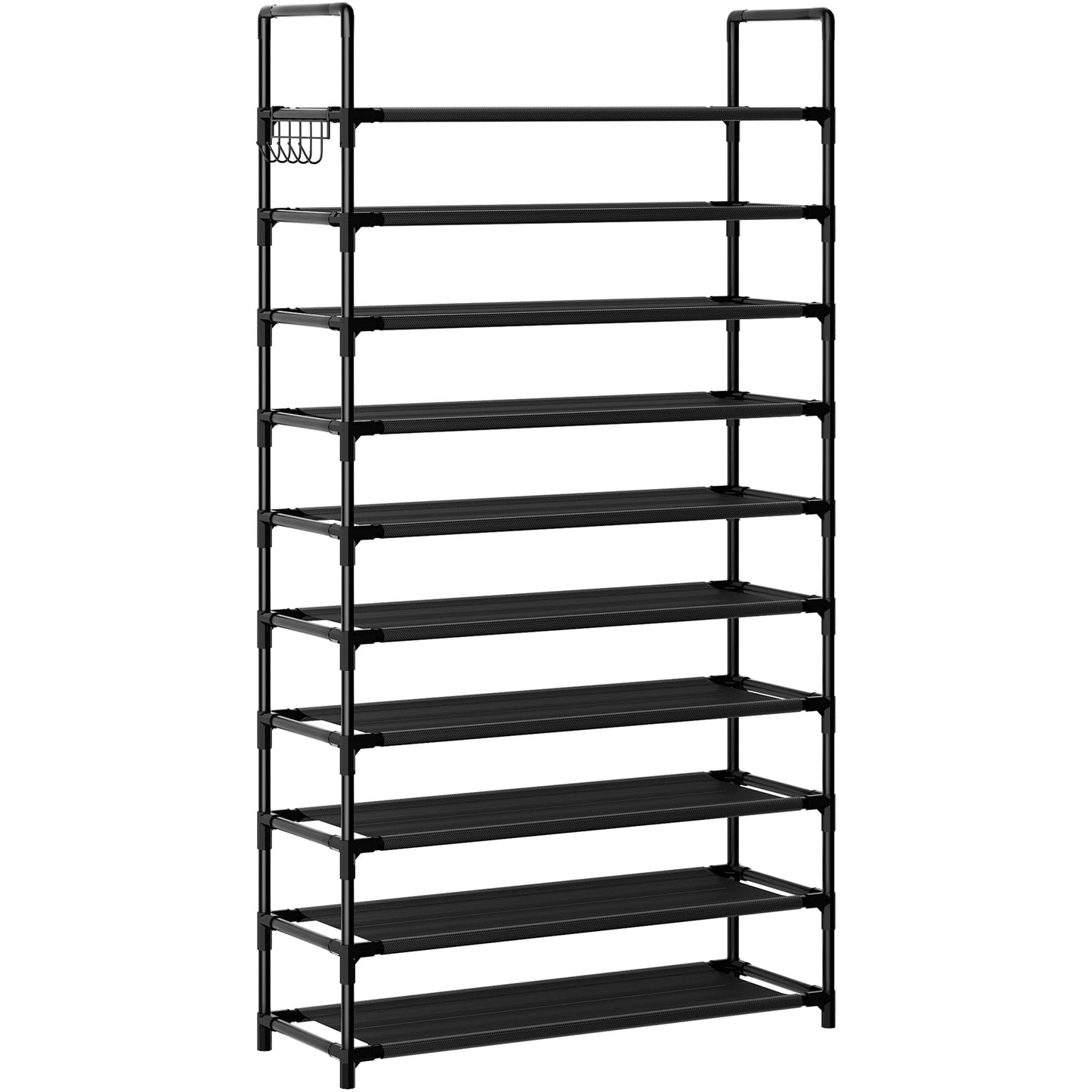 SRRSO Shoe Rack, 10 Tier Shoe Storage Organizer with Hooks,Fit 40-45 Pairs Shoes,Nonwoven Fabric Tall Shoe Shelf for Closet,Entryway, Hallway,Garage,Bedroom,Cloakroom