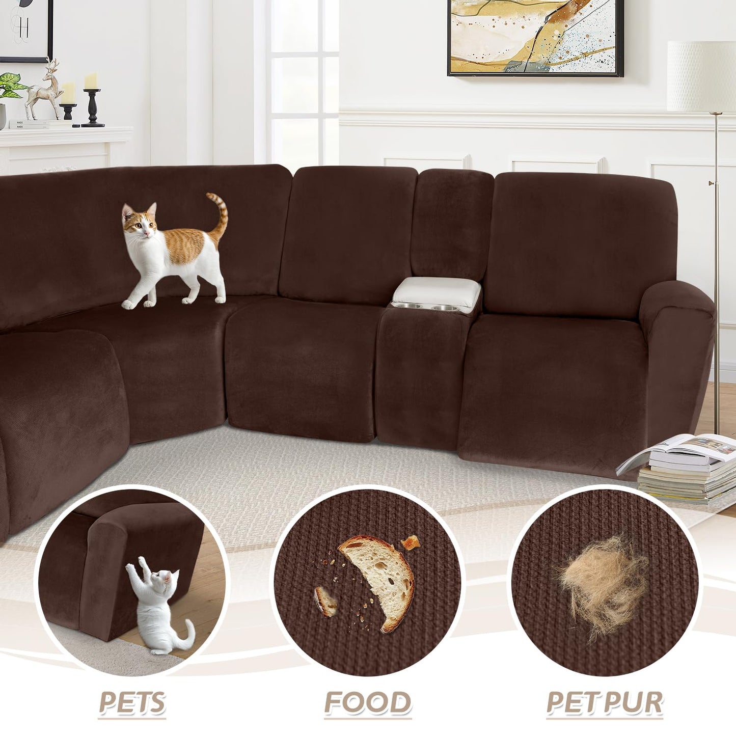 Arfntevss Sectional Recliner Couch Covers Velvet Washable Corner Sectional Sofa Cover for Reclining Stretch Soft Thick L Shape Recliner Slipcover Set (5 Seat with 1 Console Cover, Dark Brown)