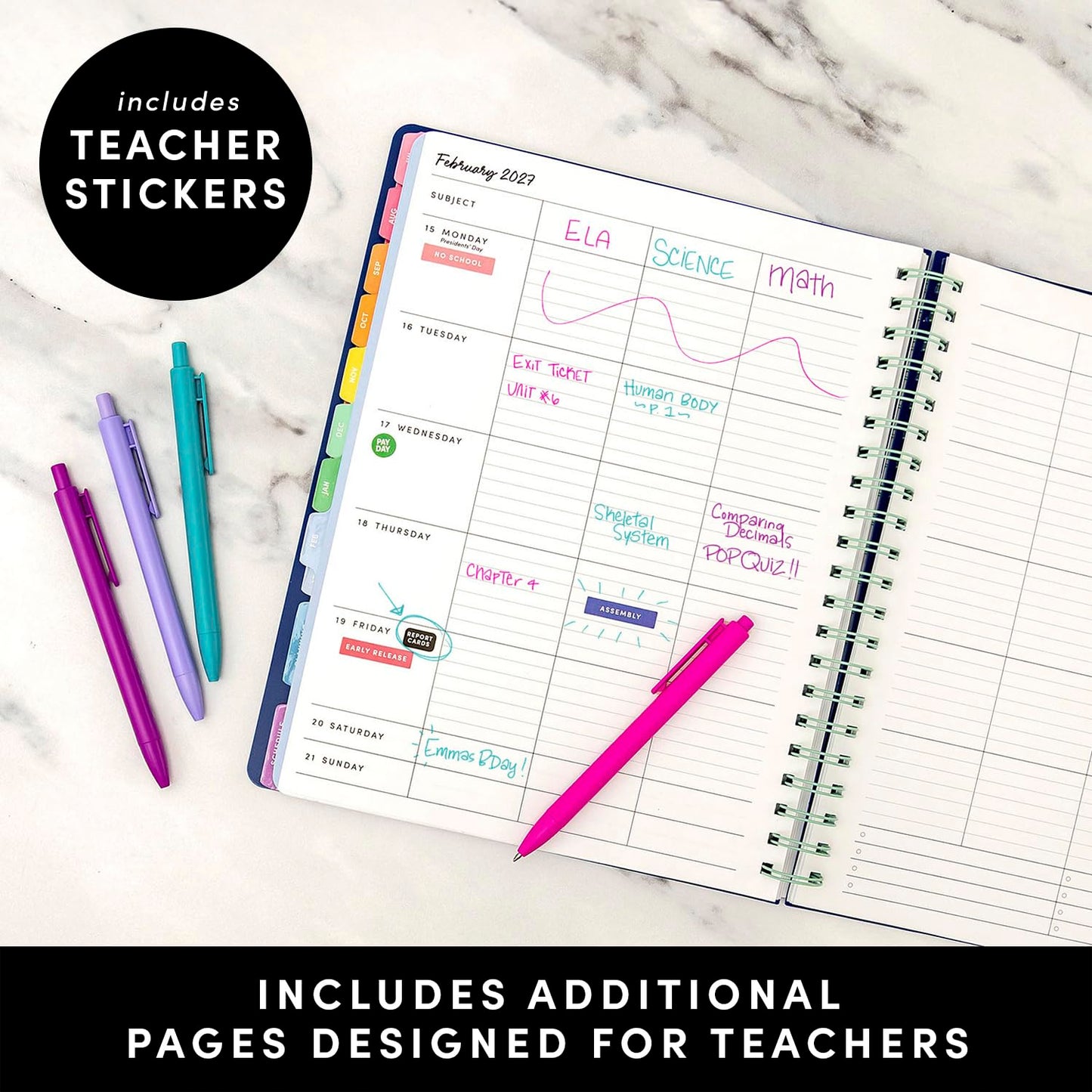 PAPERAGE Teacher Planner, Weekly & Monthly Academic Planner & Calendar, 12-Months, July 2026 - June 2027, (9.5" x 11"), Teacher Lesson Planning Book with Tabs, Stickers & Inner Pocket, Raspberry