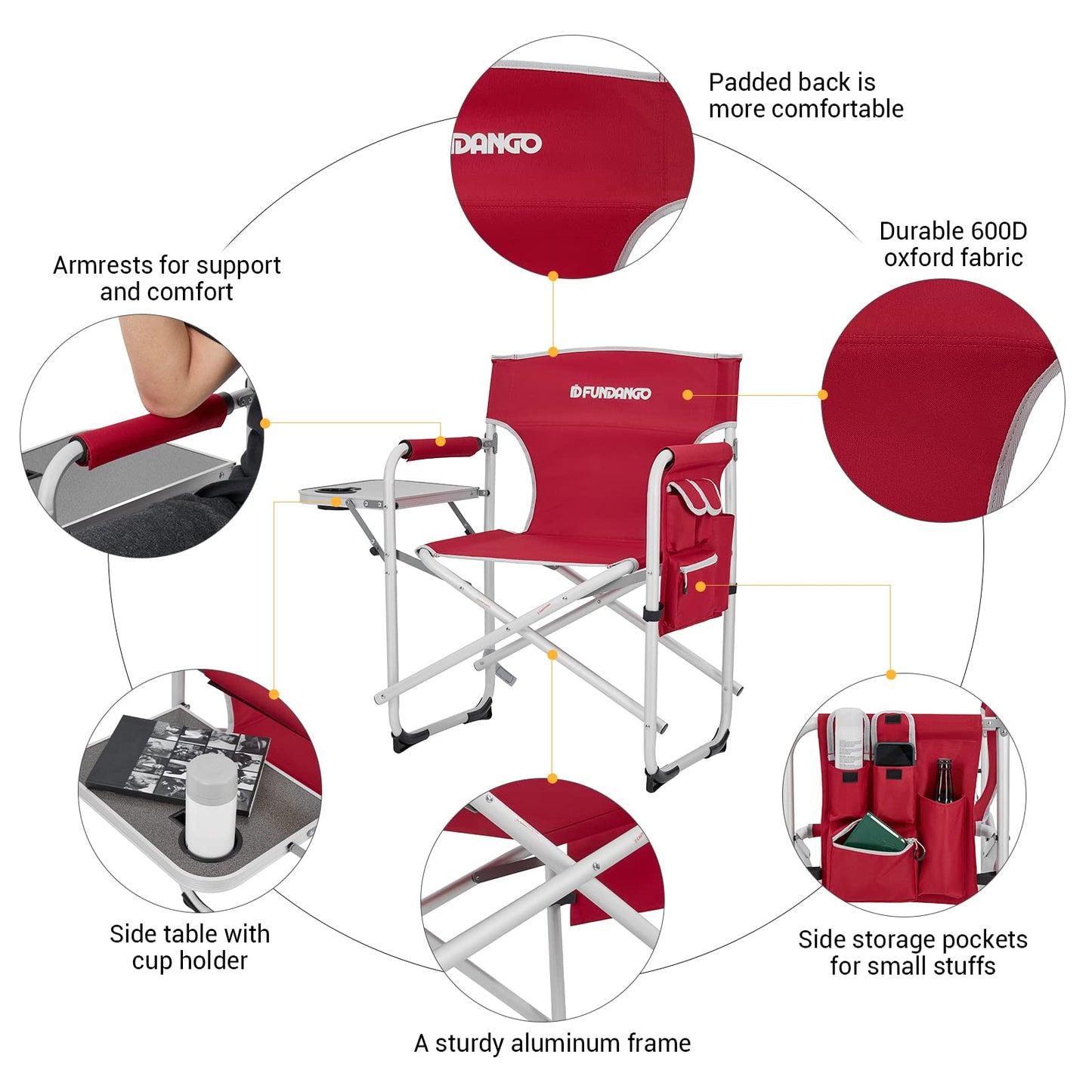 FUNDANGO Camping Chair with Side Table,Camping Director Chair with Armrest,Lawn Chair for Camping Fishing Picnic (Wine RED)