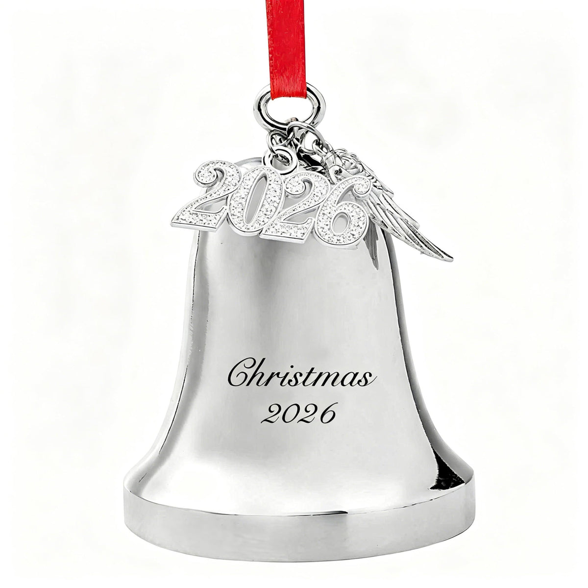 Personalized Silver Christmas Bell Ornament 2026 – Engraved Holiday Bell with Red Ribbon & Angel Wing Charm, Christmas Tree Decoration Gift for Family, Friends, New Home Holiday Keepsake (2026)