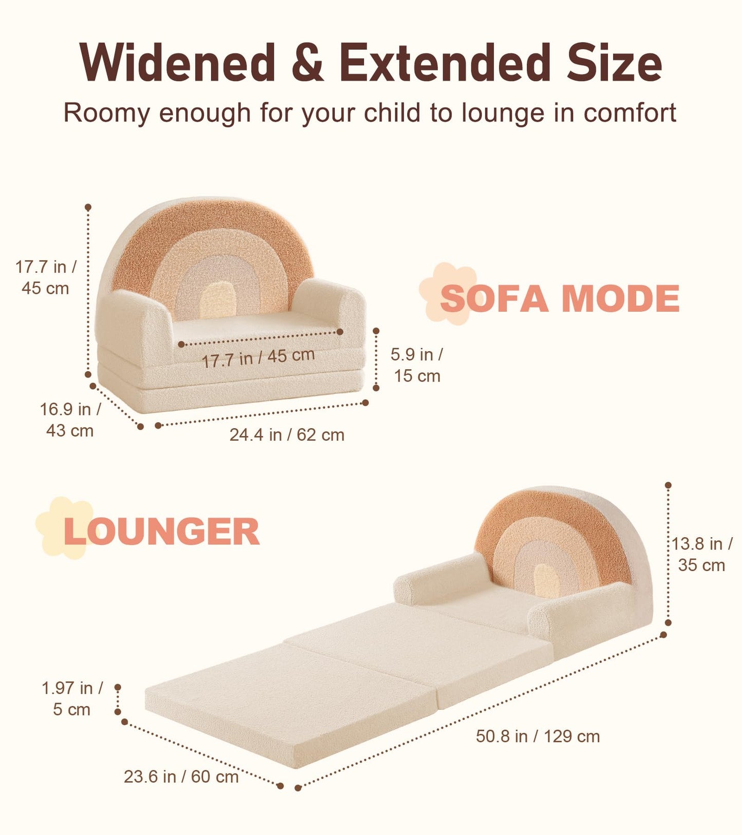 little dove Extra Wide Soft Kids Couch Fold Out, 2-in-1 Kids Couch, Convertible Kid Sofa, Kid Furniture for Playroom, Ideal Gifts for Boys & Girls Ages 3+, Beige
