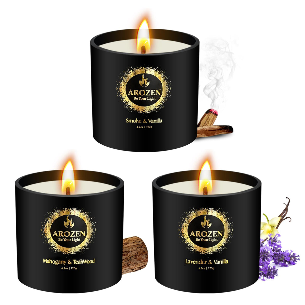 AROZEN 3 Pack Candles for Home Scented, Scented Candles Gifts Set for Men, Aromatherapy Soy Candle of Lavender, Mahogany Teakwood & Smoke Vanilla, Gifts for Men Fathers Day Valentine's Day Present