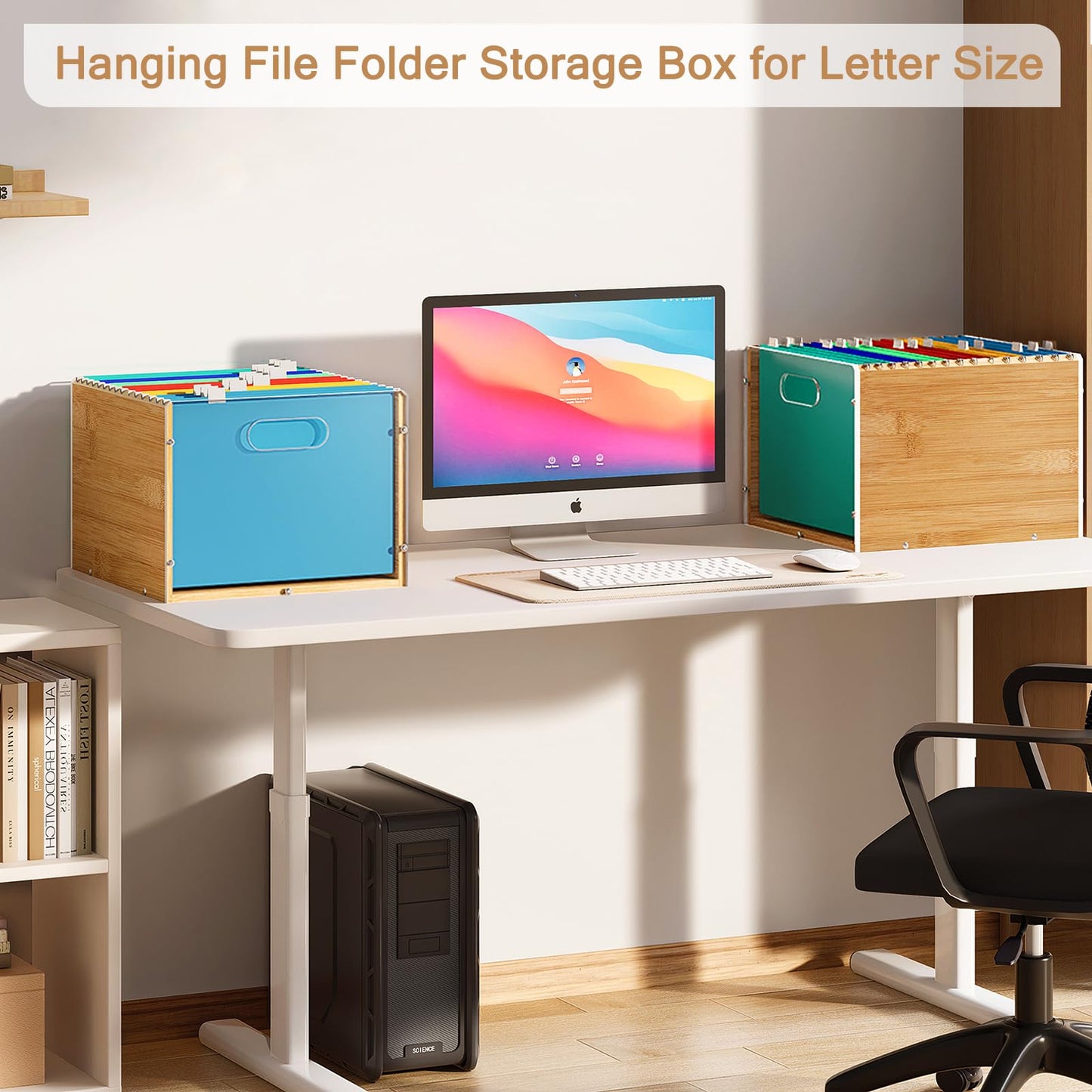 Sbanmao Hanging File Organizer, Clear Acrylic File Box Organizer, Bamboo Filing Box File Crate Organizer Storage Boxes, Portable Filing Folder with Handle for Letter Size