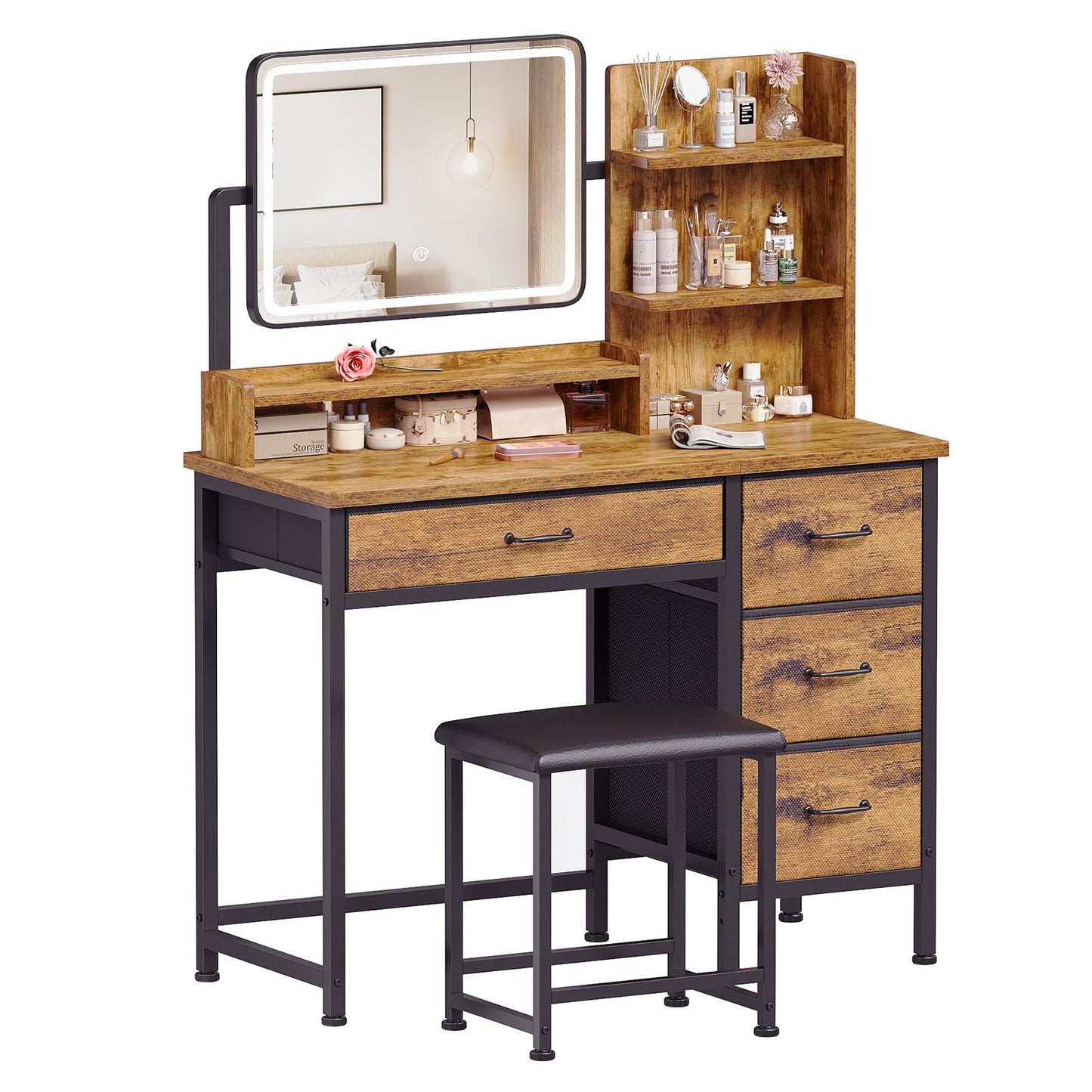 YeTom Vanity Desk with Mirror and Lights, Makeup Vanity Desk with 4 Fabric Drawers & Storage Shelvs & Chair, 3 Color Modes & Adjustable Brightness, Rustic Brown Vanity, Vanity Set, Bedroom Furniture