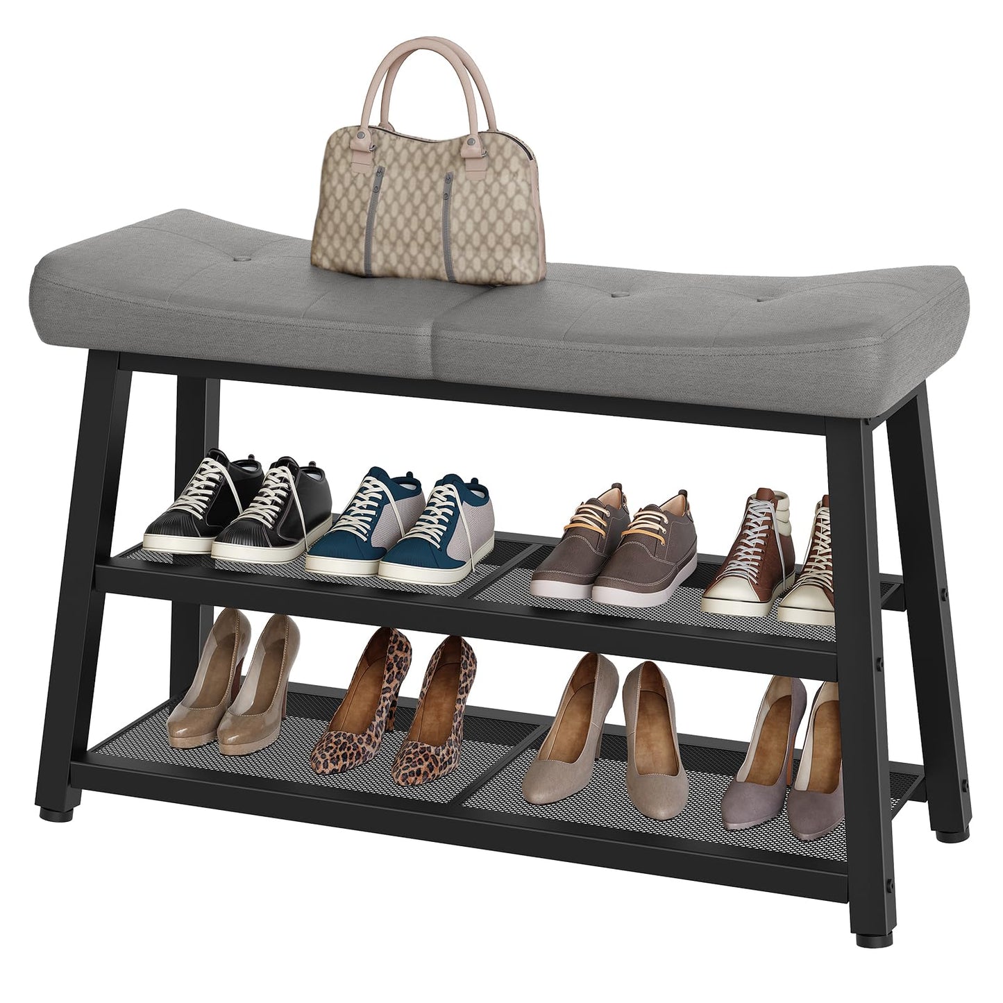 YATINEY Shoe Bench, 3-Tier Shoe Rack, Entryway Bench with Storage and Cushion, for Hallway, Foyer, Bedroom, Gray and Black HX02BG