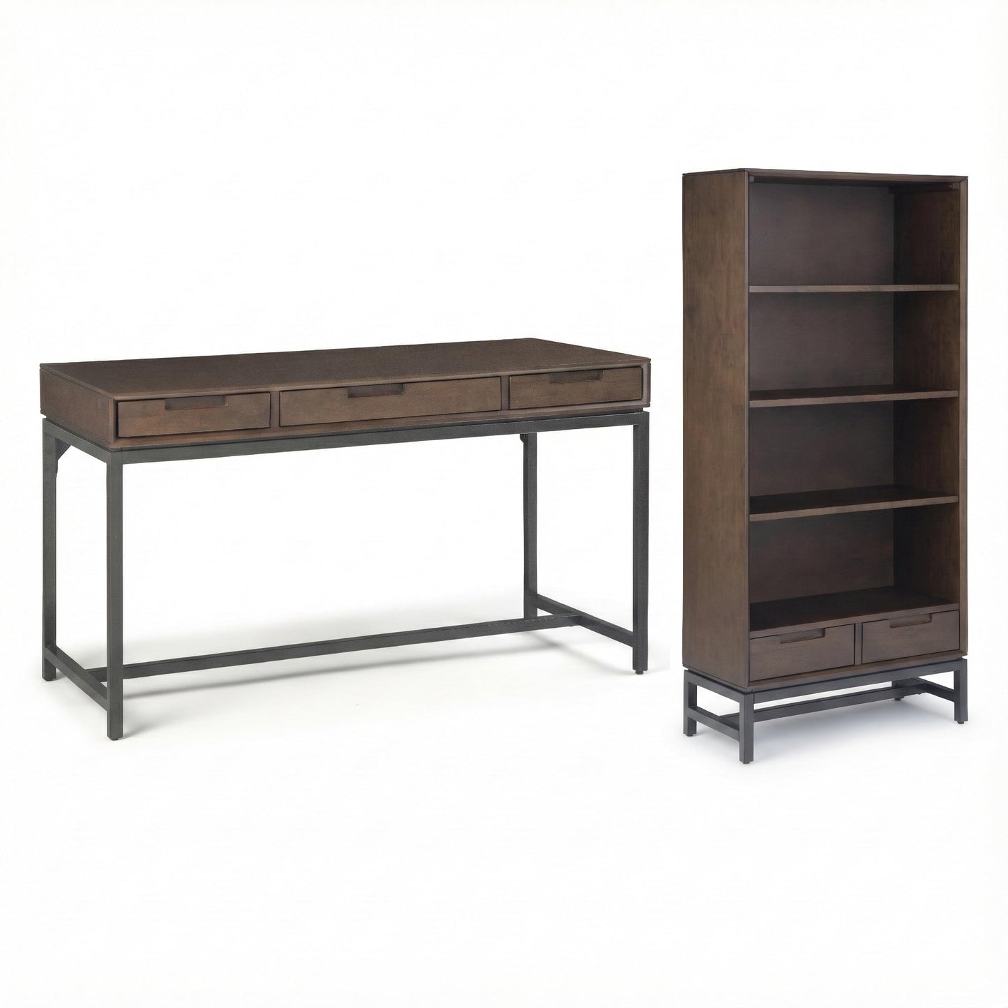Bundle of SIMPLIHOME Banting Solid Hardwood & Metal Furniture in Walnut Brown – 66" Bookcase & 60" Desk, Industrial Storage and Workspace with Open Shelves, Drawers, and Flip-Down Keyboard Tray