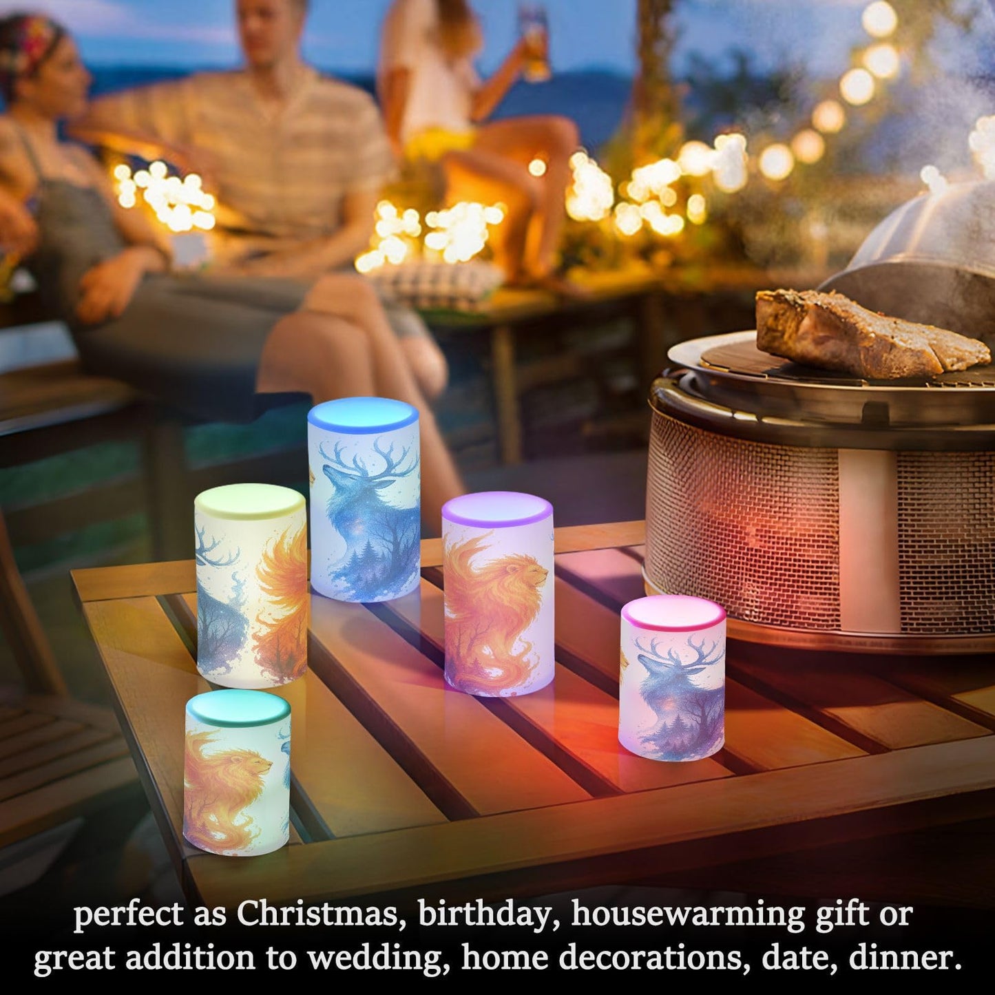 KGLDSNM Fire Lion Forest Deer LED Flameless Flickering Candle with Remote Timer Battery Operated for Indoor Outdoor Party Holiday Home Decor 2 Pack
