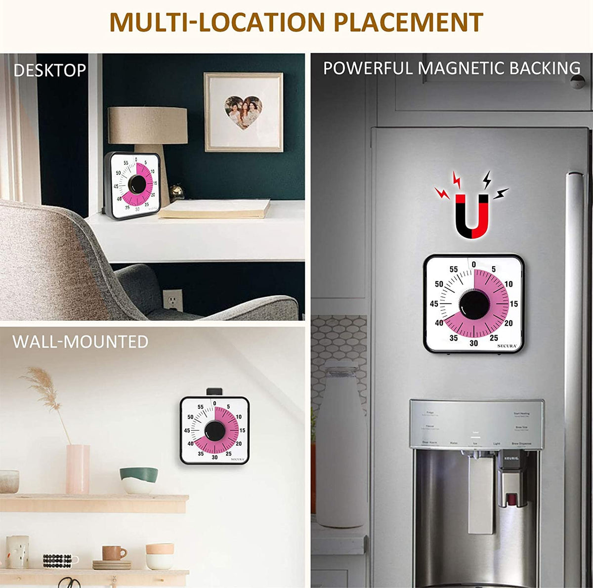 Secura 60-Minute Visual Countdown Timer, 7.5-Inch Oversize Classroom Visual Timer for Kids and Adults, Durable Mechanical Kitchen Timer Clock with Magnetic Backing (Peony Color)