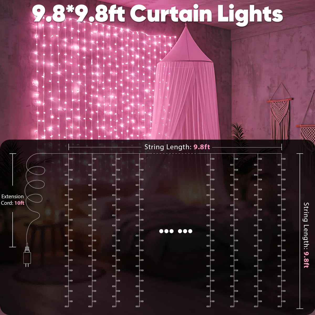suddus Curtain Lights for Bedroom, 300 Led 9.8ft x 9.8ft Hanging String Lights Outdoor, Fairy Curtain Lights for Backdrop, Window, Wall, Wedding, Party,Birthday Decoration,Pink