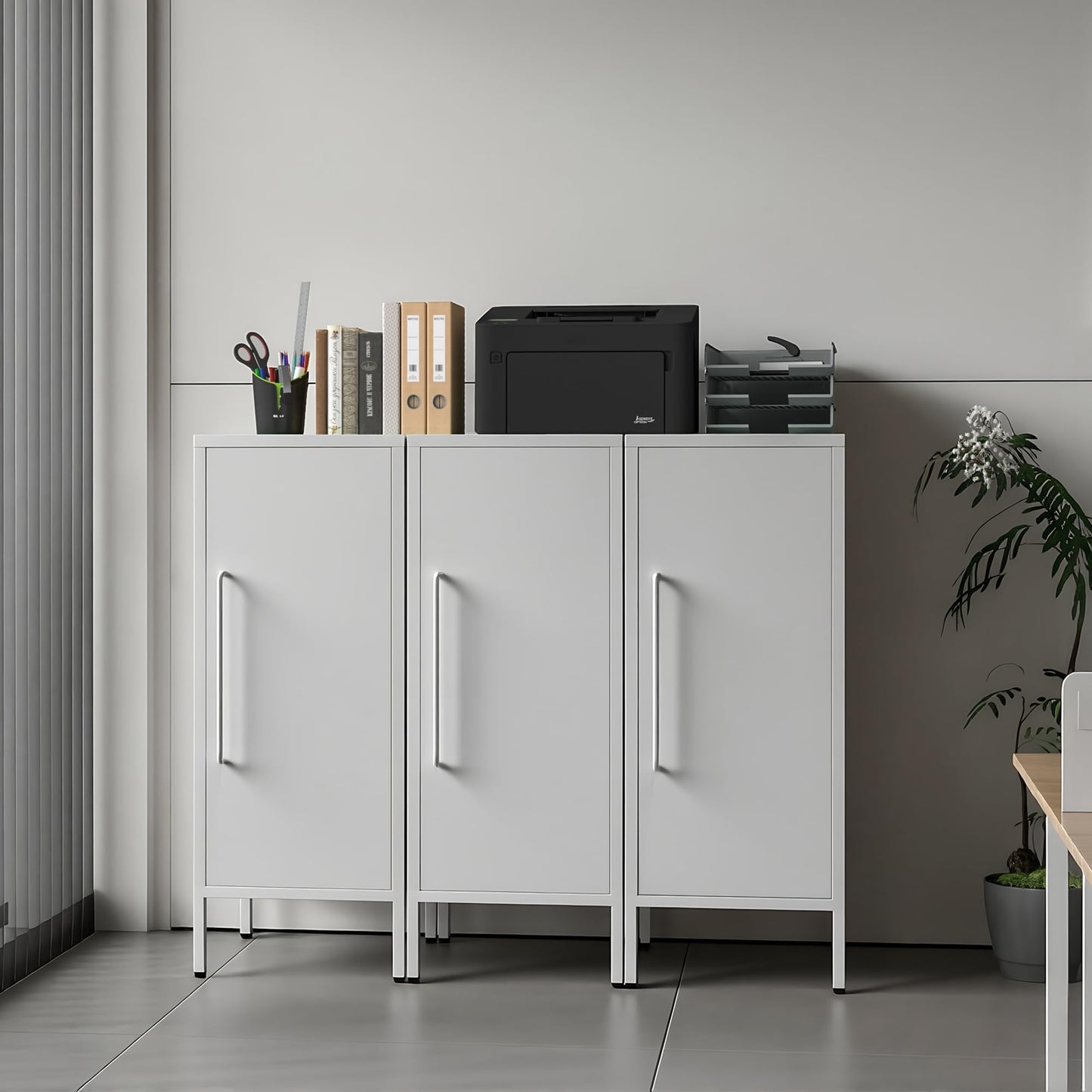 PEROKIER Metal Storage Cabinet with 2 Adjustable Shelves Small Storage Cabinets with Door for Office Kitchen Bathroom Living Room Pantry Garage (White)
