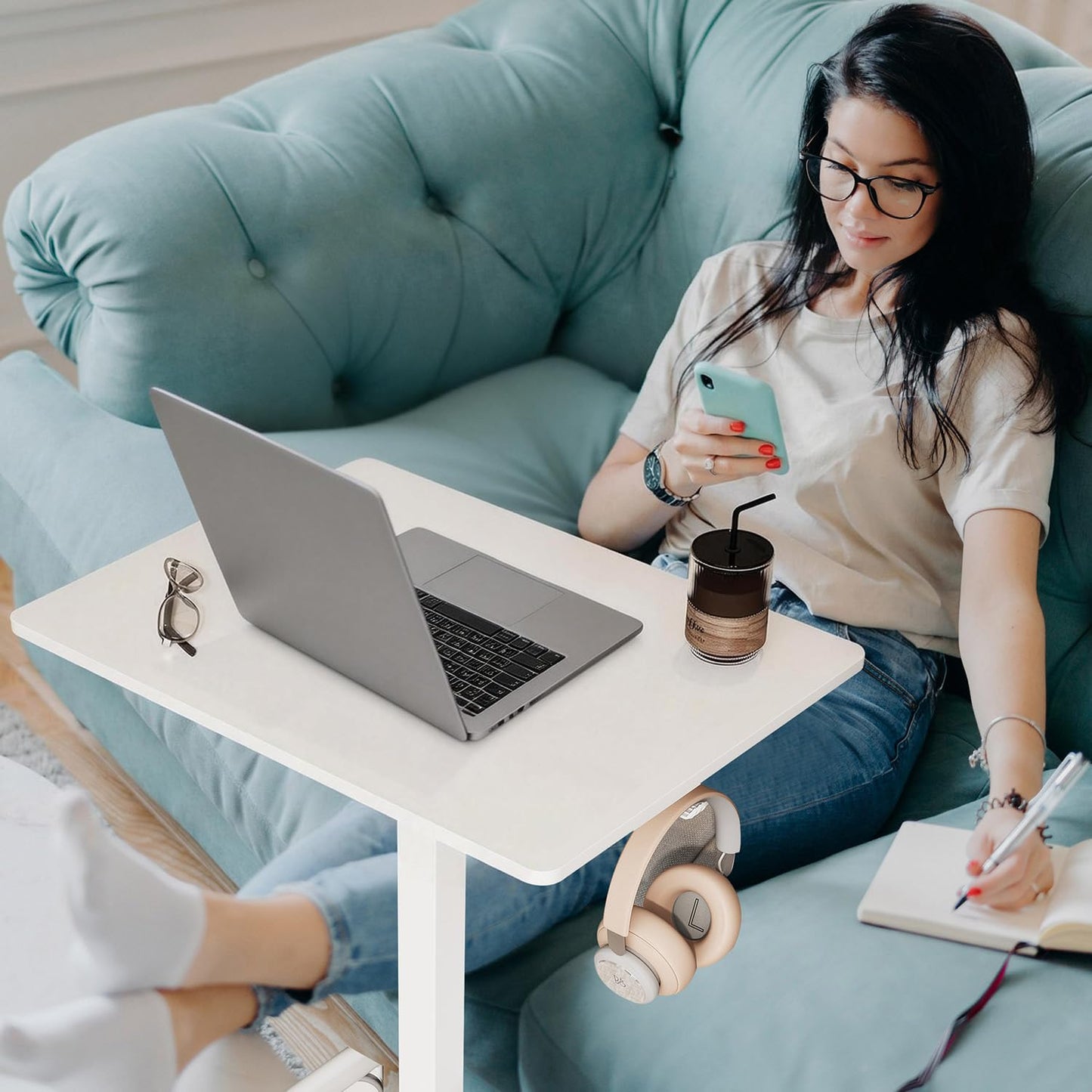 Gamork 18.9 * 25.6 inch Mobile Standing Desk,T Shaped Pneumatic Adjustable Height Stand Up Desk,with Lockable Wheels,Ergonomic Standing Side Table for Home Office Work Computer Workstation White