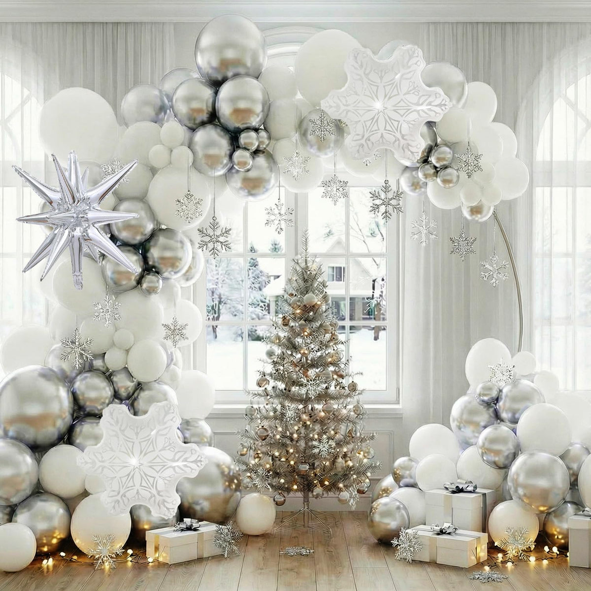 Metallic Silver and White Balloon Arch 128Pcs Winter Wonderland Snowflake Balloon Arch Perfect for Christmas Decor Snowman Birthday Parties, 2026 New Year Eve Party, Snowflake Party Decorations