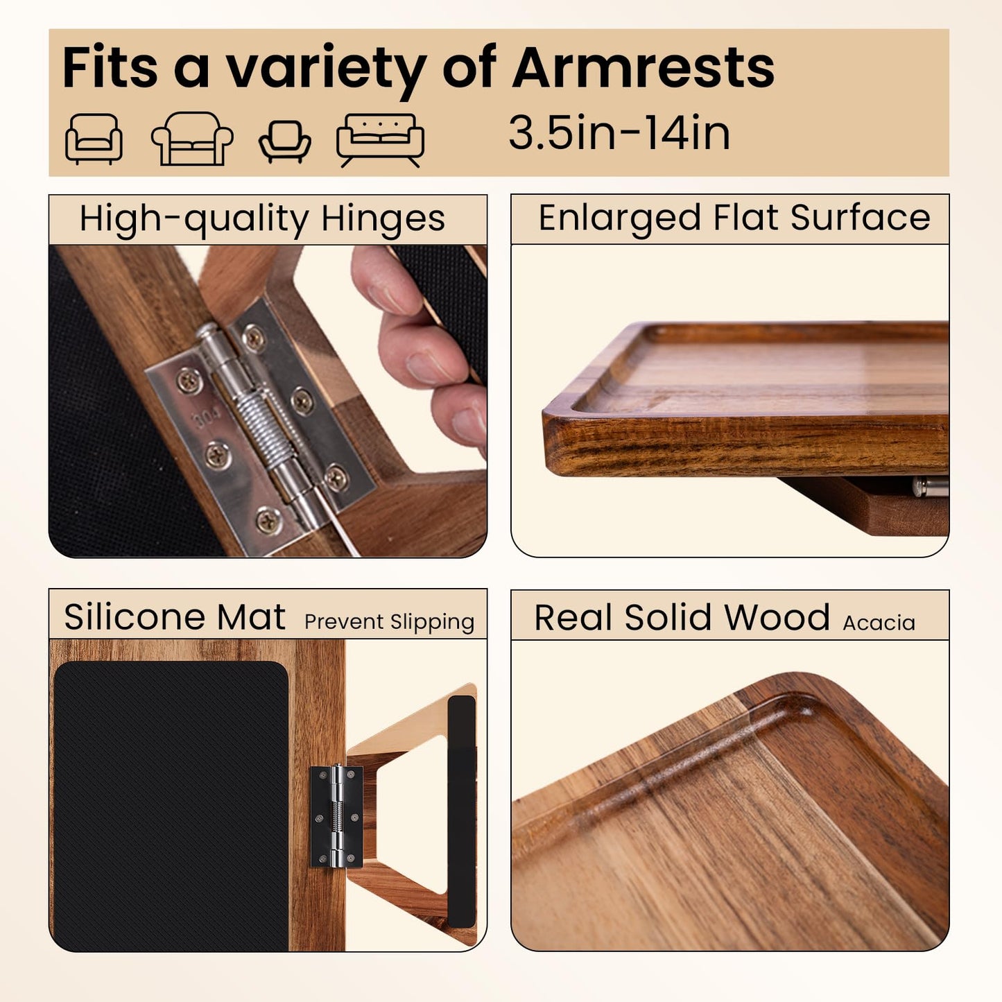 Danfoxer Acacia Wood Couch Arm Tray,Folding Sofa Armrest Tray,Couch Arm Table Clip-On Couch Desk for Drinks, Snacks,Phone,Remote Control