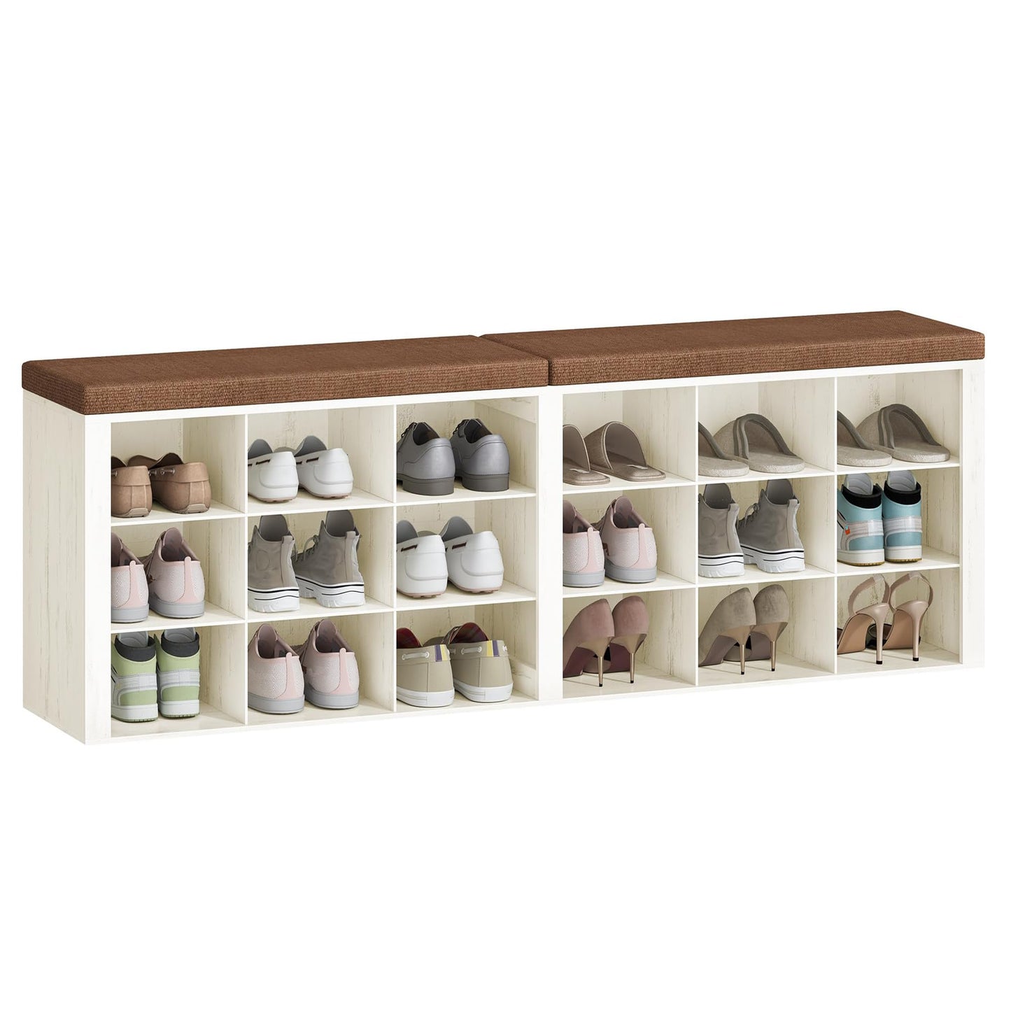 Hzuaneri Shoe Storage Bench with Cushion, Entryway Storage Bench with 18 Cubbies, 9.5" Widened Organizer Cabinet, Long Cubby Rack for Living Room, Bedroom, Entryway, White and Brown SB25714KA