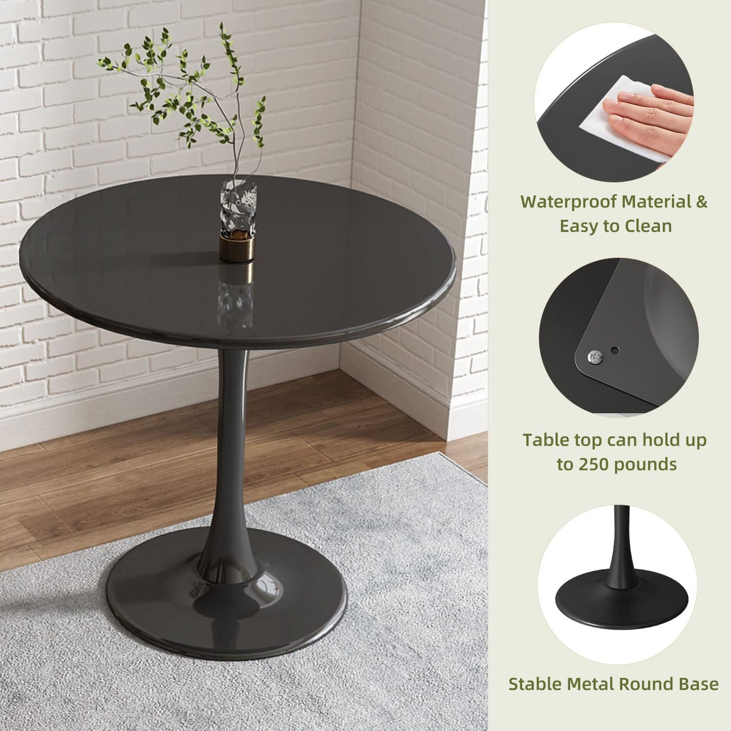 Kasinali Round Dining Table 31.5" Circle Tulip Table with Wood Thickened Tabletop & Sturdy Metal Pedestal Mid Century Modern Leisure Bistro Kitchen Tables 4 People Small Places Living Room Cafe,Black