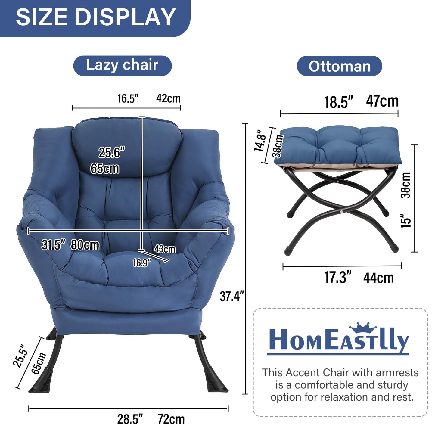 HomEastlly Lazy Chair with Ottoman, Large Royal Blue Accent Chair with Ottoman, Comfy Reading Armchair, Leisure Sofa Chair for Living Room, Bedroom, Dorm Room, Office
