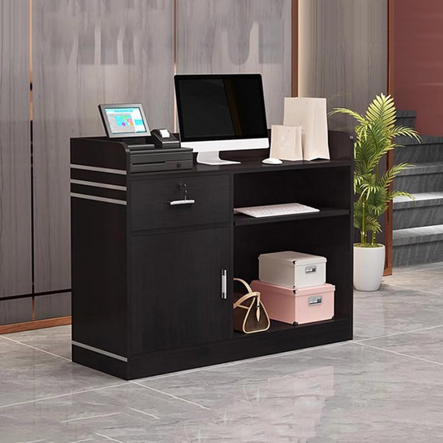 Modern Reception Desk with Lockable Drawers & Storage Cupboard, Modern Lockable Reception Desk with Keyboard Tray & Storage Cupboard - Stylish Office Counter Furniture, Perfect for Reception