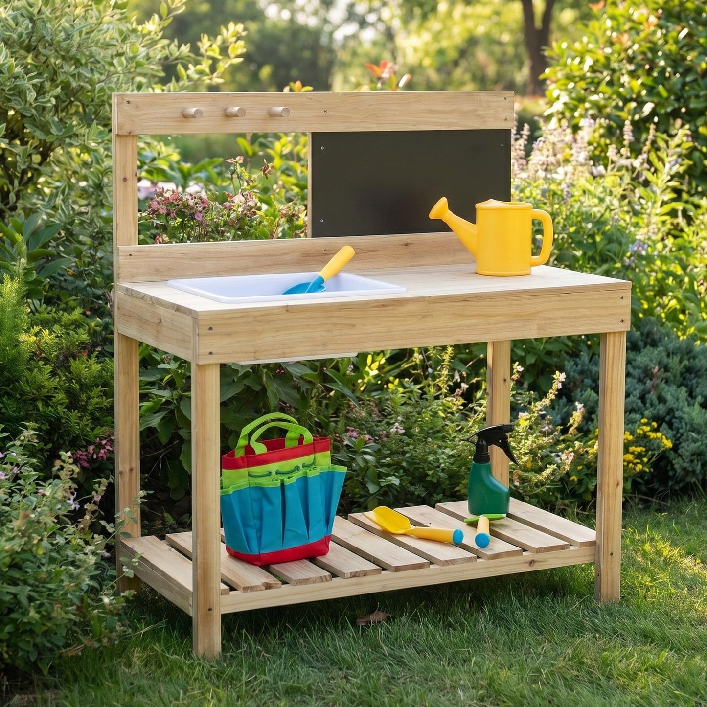 ZCCREATTIVE Children Wooden Potting Bench for Outdoor Indoor, with Sink, Blackboard, and Storage Shelves, 31 x 15 x 35 Inches,Kids Garden Work Table Workstation for Backyard Patio Lawn