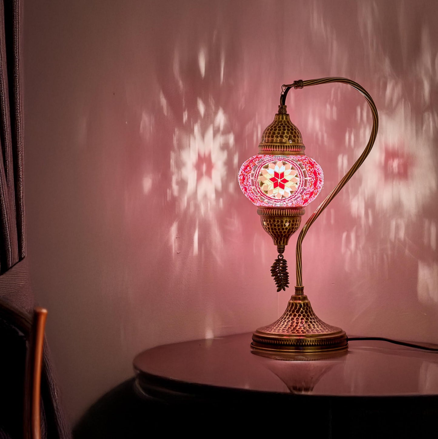 DEMMEX Turkish Moroccan Table Lamp, Swan Neck Tiffany Style Mosaic Glass Table Desk Bedside Lamp for Bedroom, Living Room – Handcrafted in Turkey, Pink