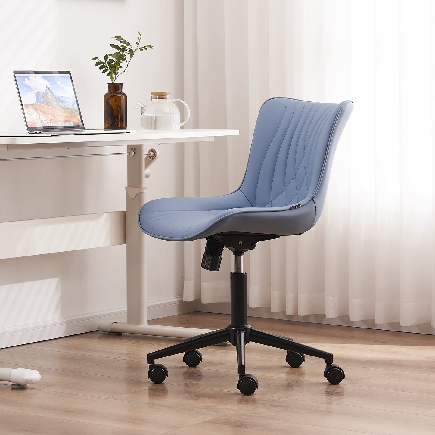 YOUNIKE Office Chair, Adjustable Swivel Armless Desk Chair with Wheels, Aesthetic Home Office Computer Task Chairs, Modern Faux Leather Upholstered Vanity Chair with Back, Blue