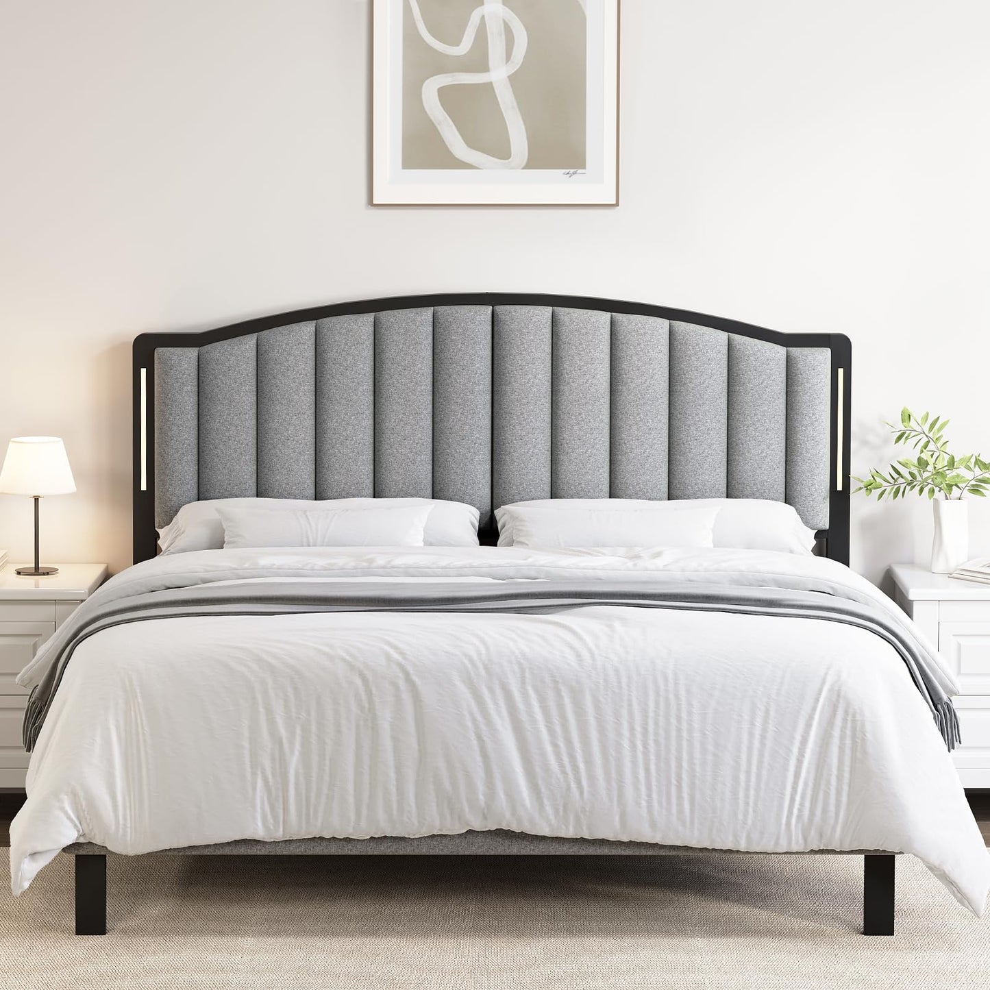 Salamir Headboard for Queen Size Bed with LED Lights, Upholstered Vertical Channel Tufting Head Boards, Linen Fabric Bed Headboard Only, Attach Frame, Ideal for Bedroom, Dorm, Guest Room, Grey