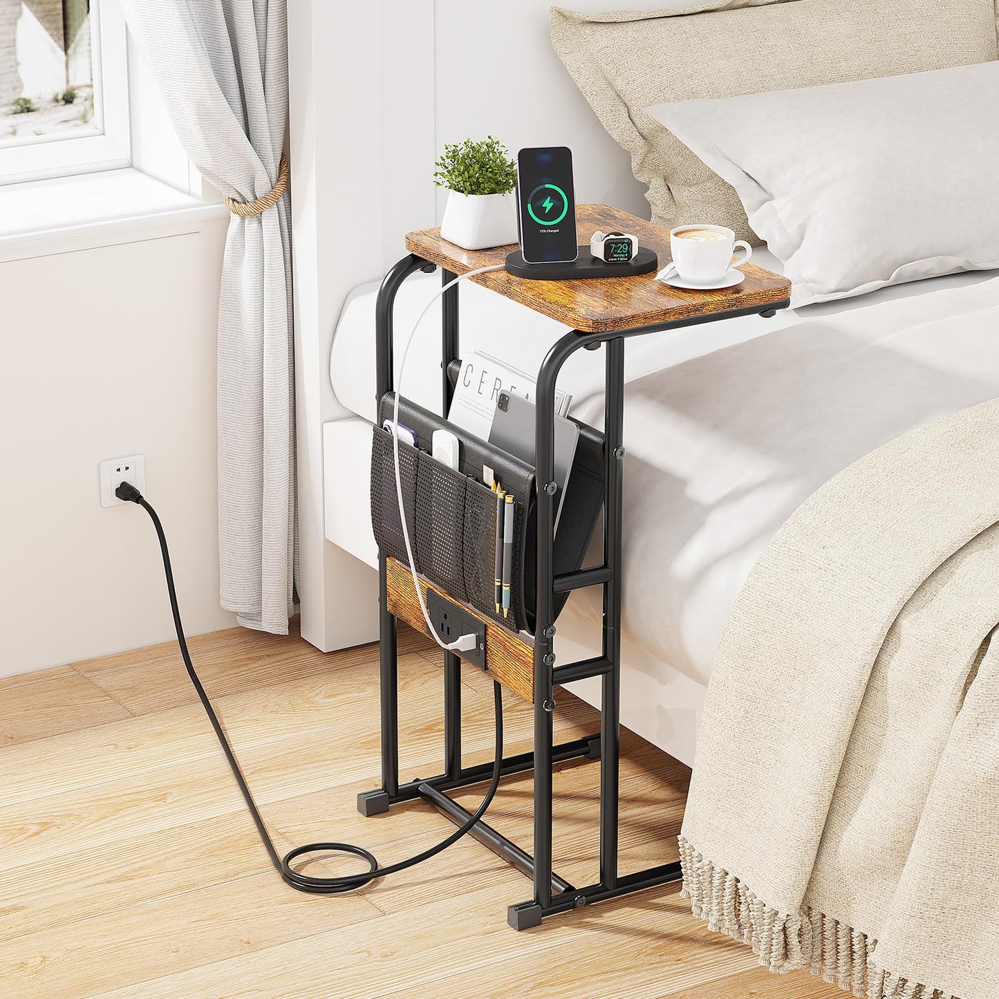 Olldide C-Shaped End Table with Charging Station and Storage Bag, Slide Under Couch Sofa Side Table, Metal Frame for Living Room, Bedroom, Small Space (Rustic Brown)