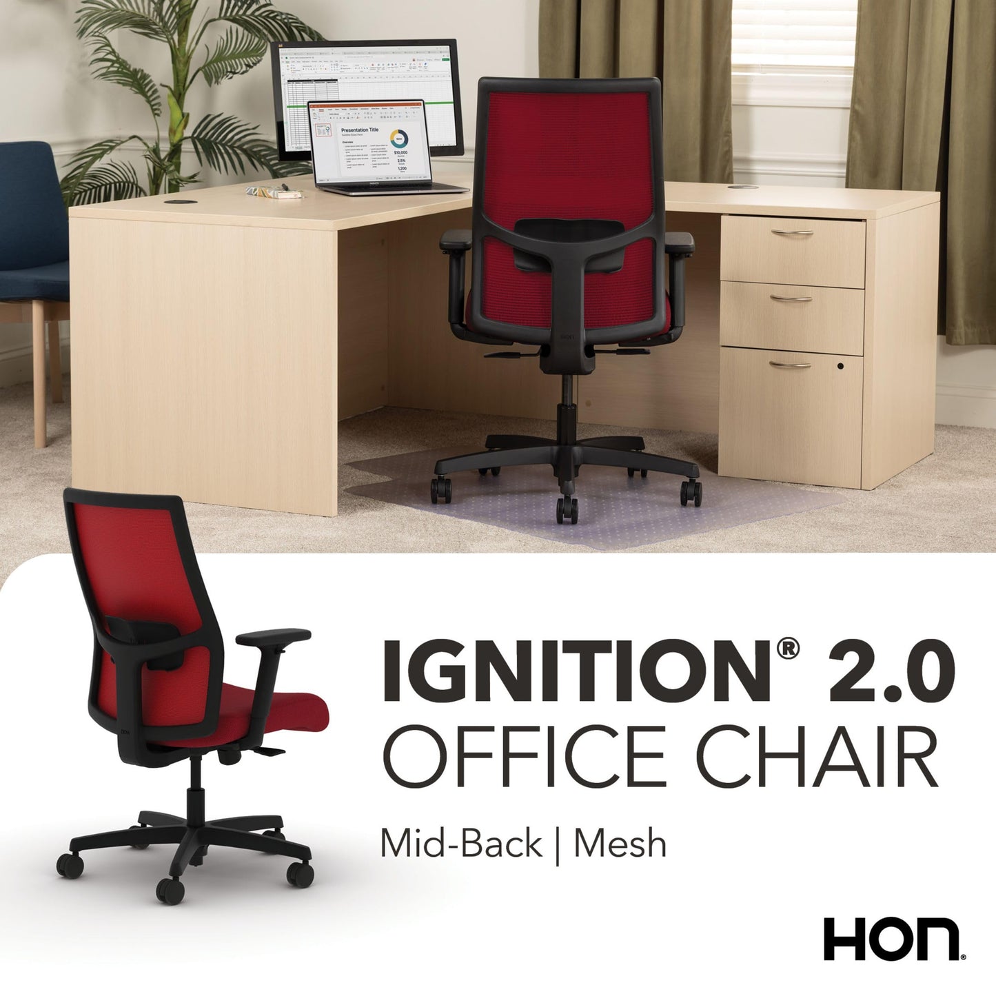HON Ignition 2.0 Mid‑Back Ergonomic Office Chair, Mesh Task Desk Chair with Lumbar Support, Standard Synchro‑Tilt, Height and Width Adjustable Arms, Black Frame, Bullseye