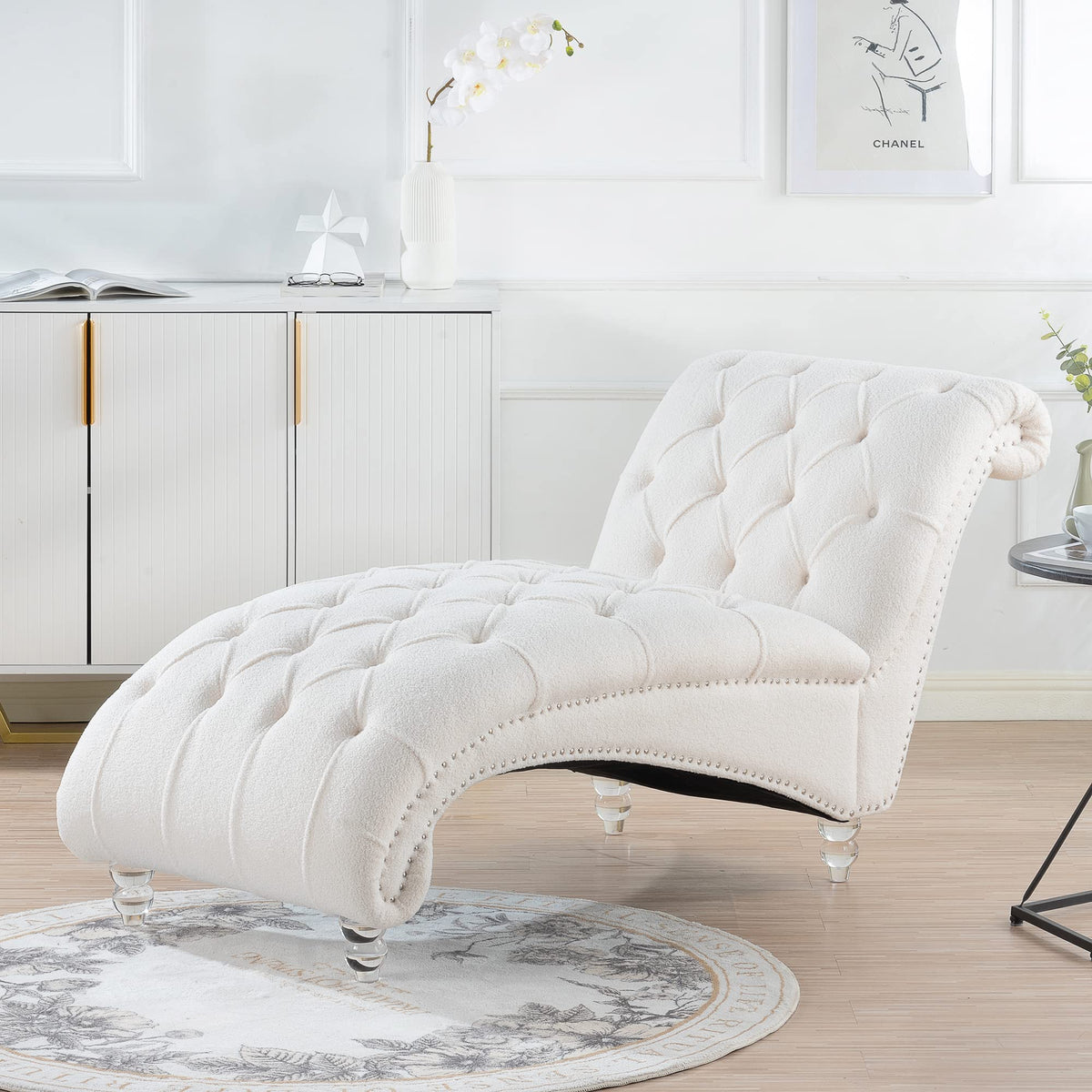 KEIKI Tufted Armless Chaise Lounge Chair, Velvet Lounge Chair with Solid Wood Leg, Upholstered Chaise for Living Room Bedroom Small Space Office Study, White