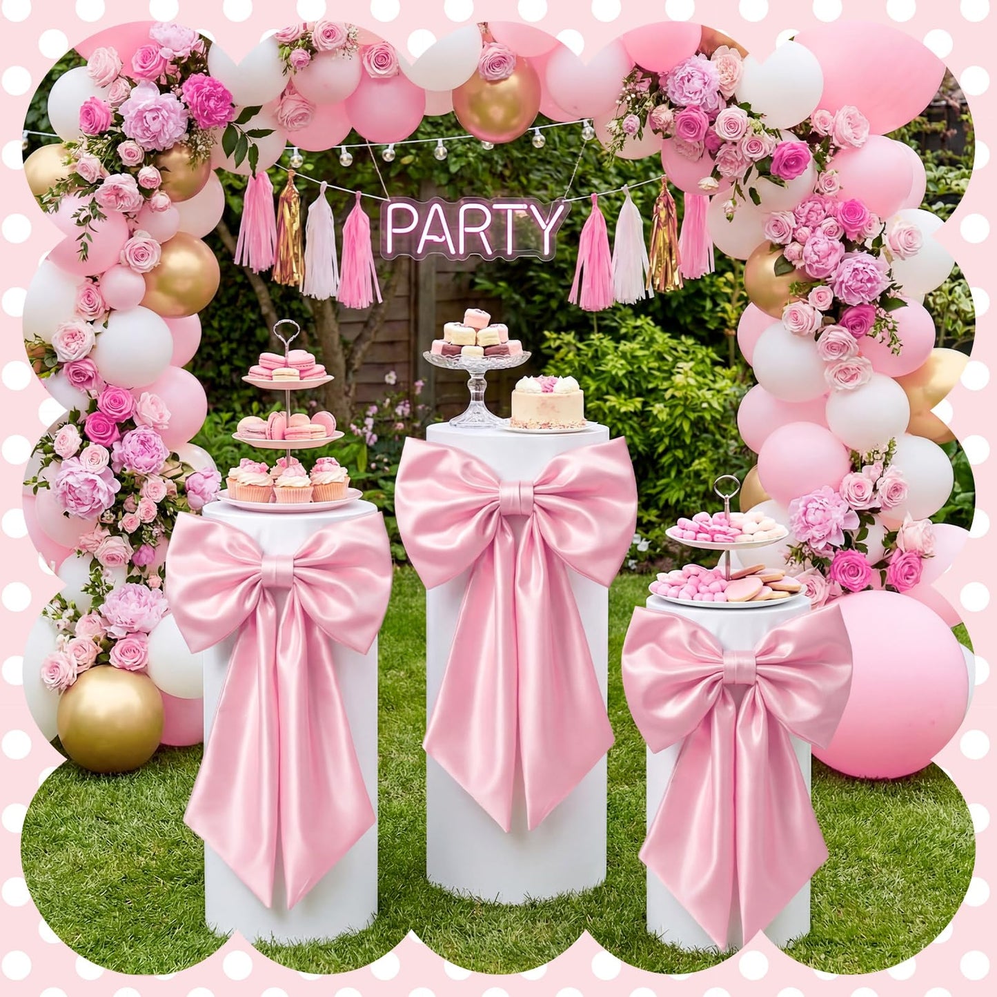 SmoothNovelty 3 Pcs Pink Bow Cylinder Pedestal Stand Covers Spandex Flexible Display Pedestal Covers Round Plinth Pillar Wrap for Birthday Party Wedding Baby Shower Decor