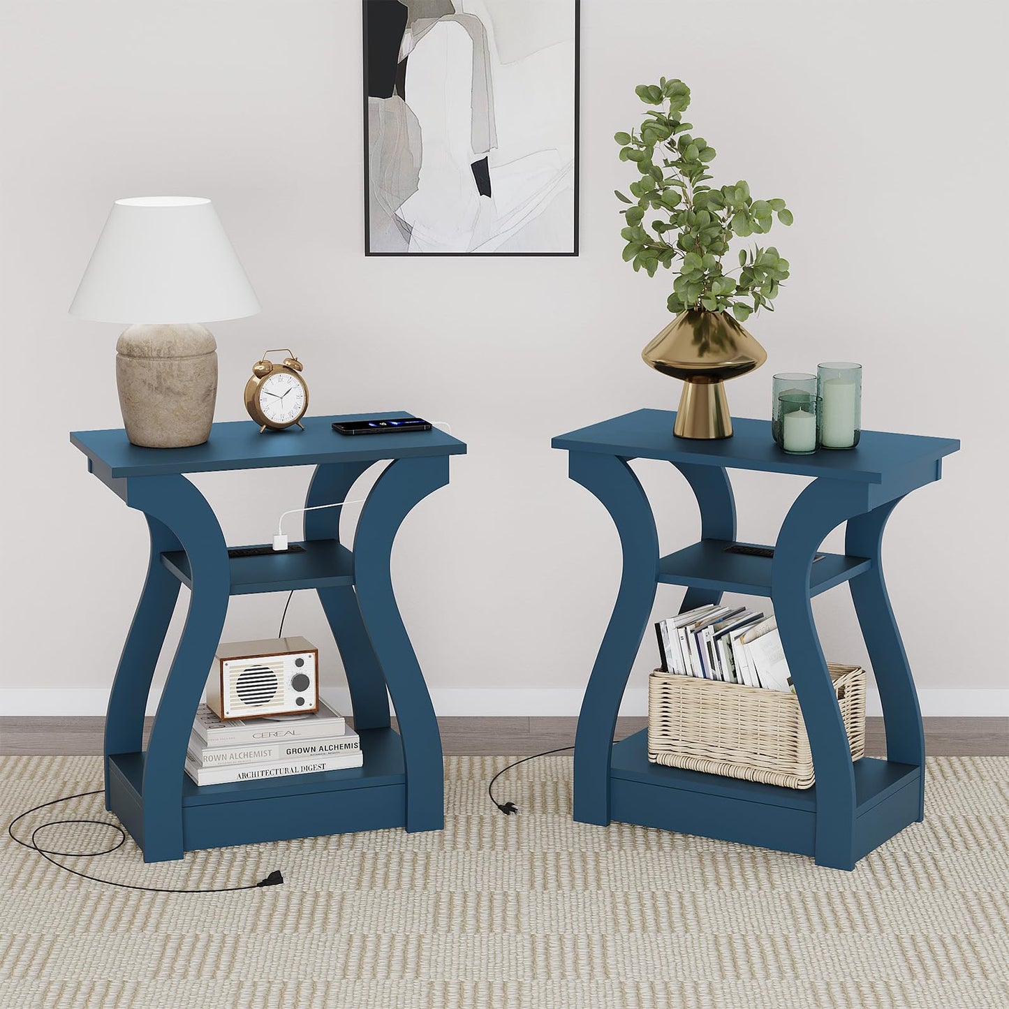 FROMJBEST End Tables Living Room, End Table end Table with Charging Station and USB,Navy Blue Side Table, Nightstand for Bedroom,3 Tier End Table with Storage Shelf for Living Room